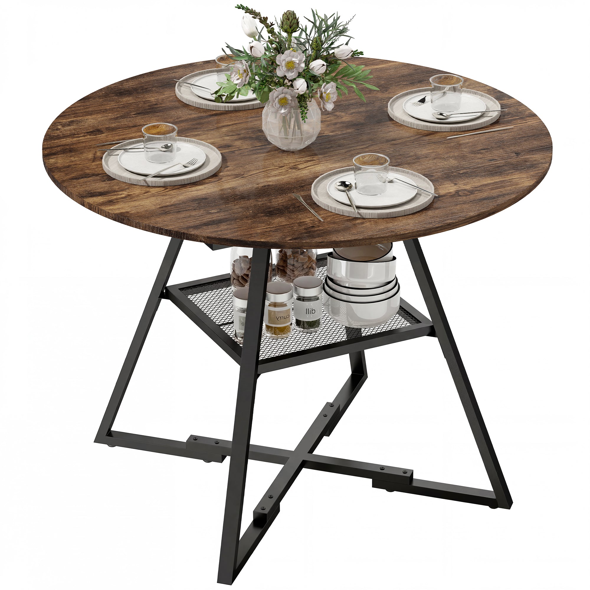 Table à manger ronde pour 4 personnes, 100 x 76 cm, table de cuisine industrielle avec large plateau et étagère de rangement, cadre en métal, brun rustique