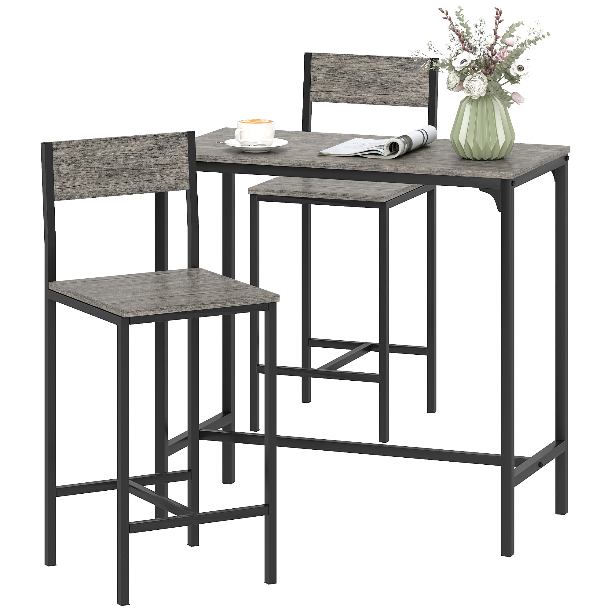 Ensemble table de bar avec tabourets, table à manger debout avec 2 chaises de bar, repose-pieds et dossiers, style industriel, cadre en métal, pour cuisine, salle à manger et salon, gris