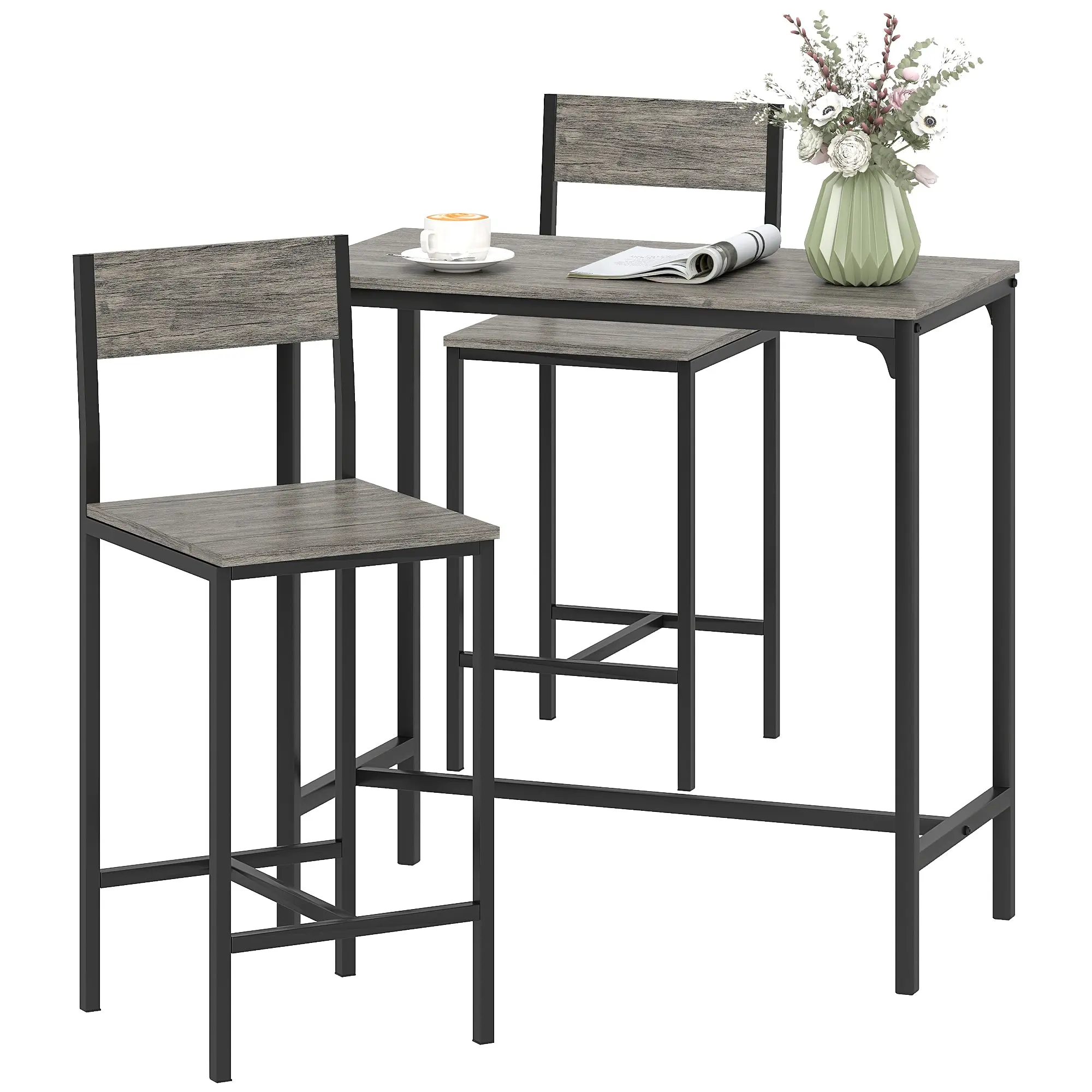 Ensemble table de bar avec tabourets, table à manger debout avec 2 chaises de bar, repose-pieds et dossiers, style industriel, cadre en métal, pour cuisine, salle à manger et salon, gris