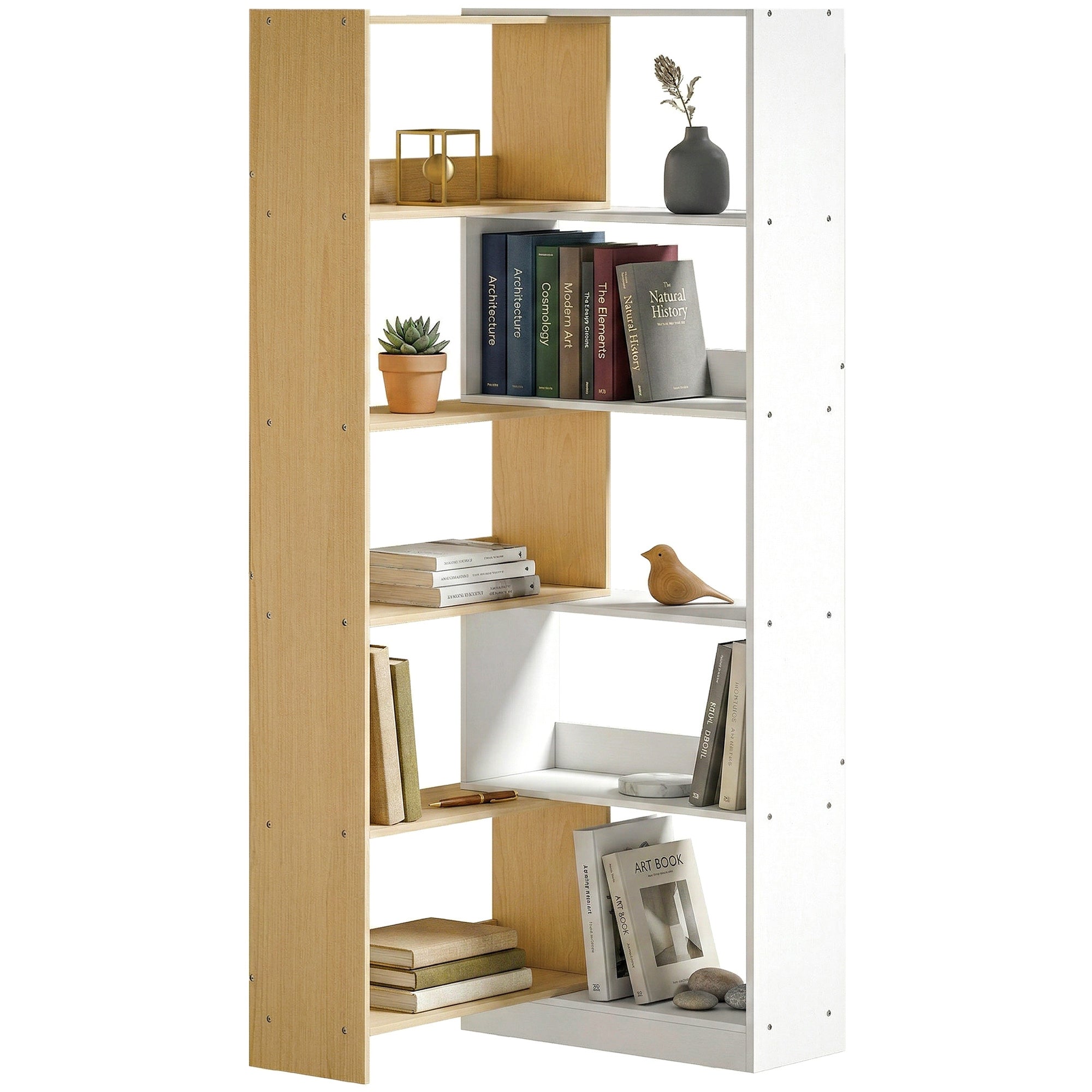 Bibliothèque d'angle rotative 350° à 5 niveaux, étagère de rangement extensible en forme L, 60-111x24x164cm, style moderne, meuble de rangement pour salon, bureau, petit espace, chêne et blanc