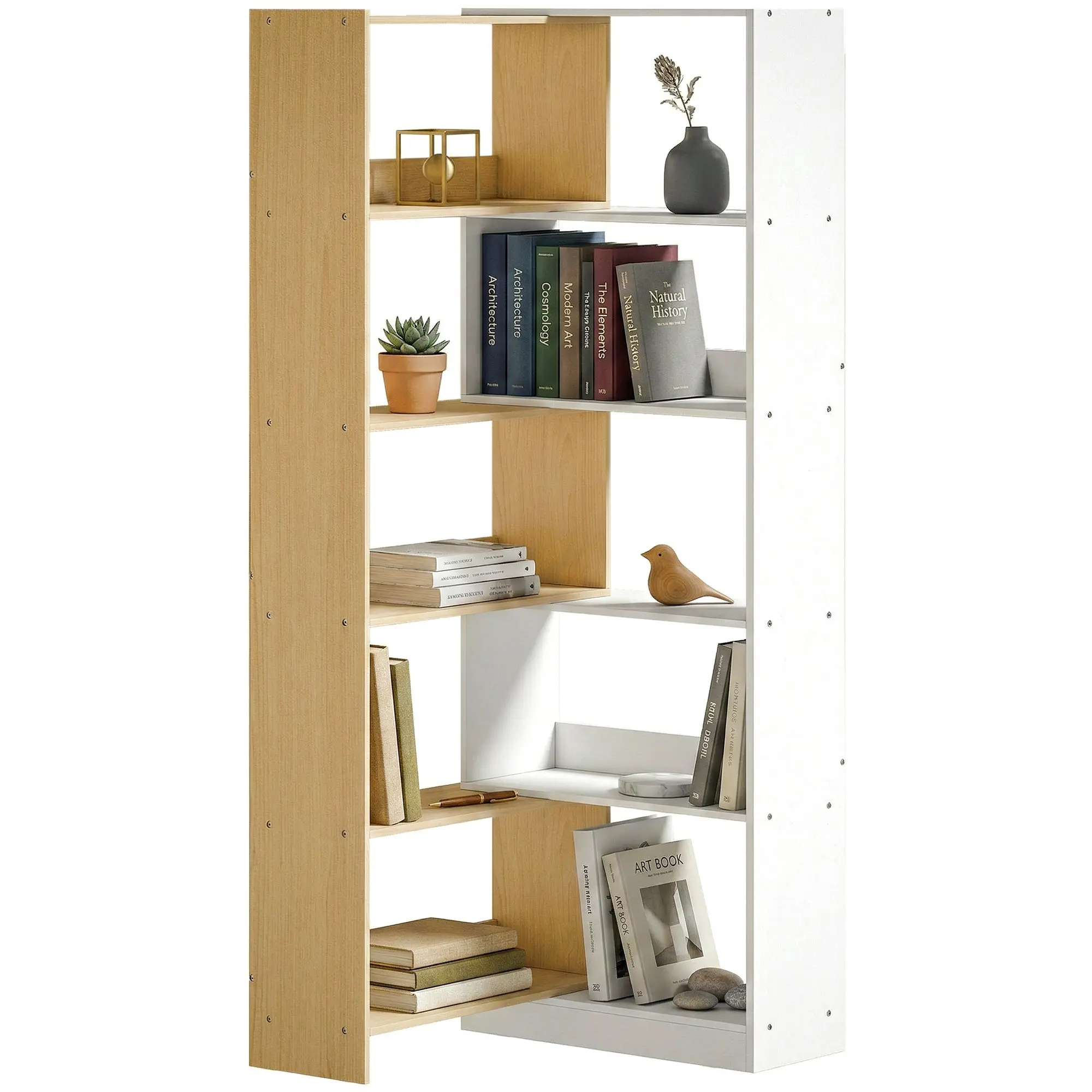 Bibliothèque d'angle rotative 350° à 5 niveaux, étagère de rangement extensible en forme L, 60-111x24x164cm, style moderne, meuble de rangement pour salon, bureau, petit espace, chêne et blanc