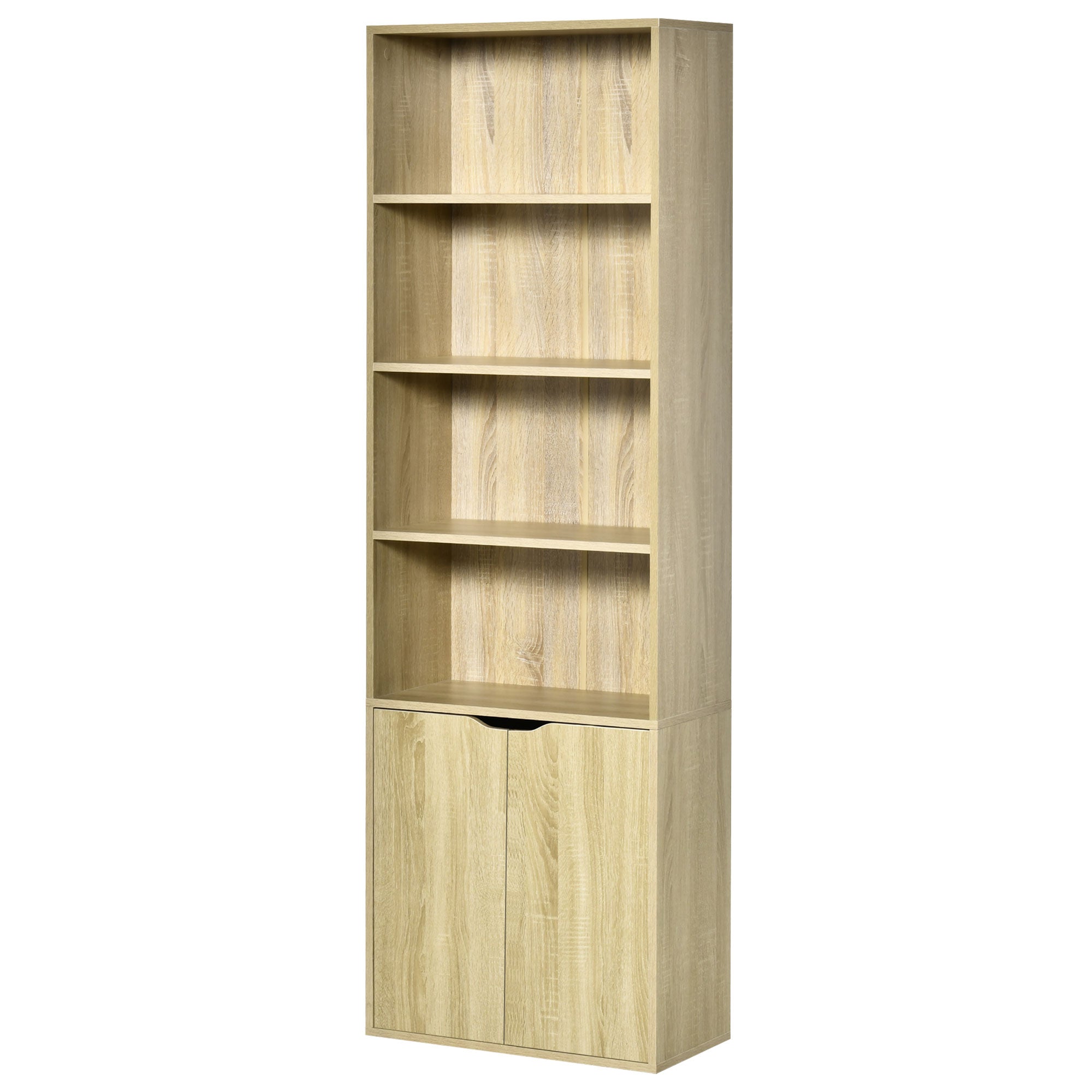 Bibliothèque à 6 niveaux, meuble de rangement, étagère à livres 59 x 29 x 180 cm avec 4 compartiments ouverts et 2 portes, étagère de rangement pour salon, chambre, bureau, bois naturel