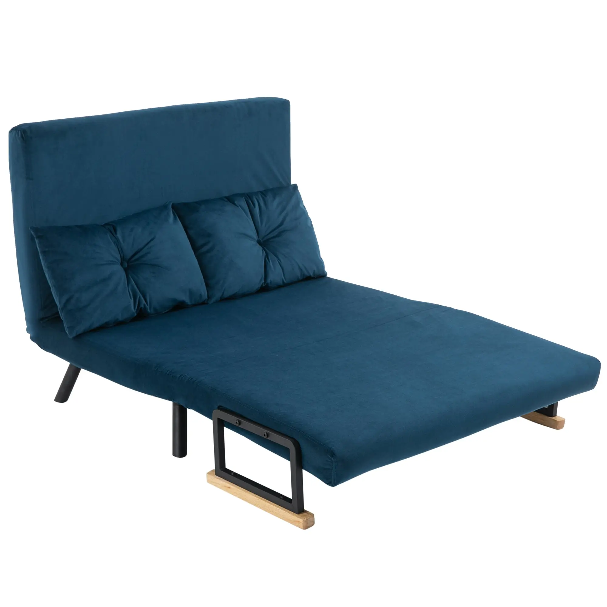 Canapé convertible 2 places 4 en 1, chauffeuse, fauteuil-lit pliant avec dossier réglable 5 niveaux et 2 coussins rembourrés, tissu effet velours pour salon, chambre d'amis, 102x73x81cm, bleu