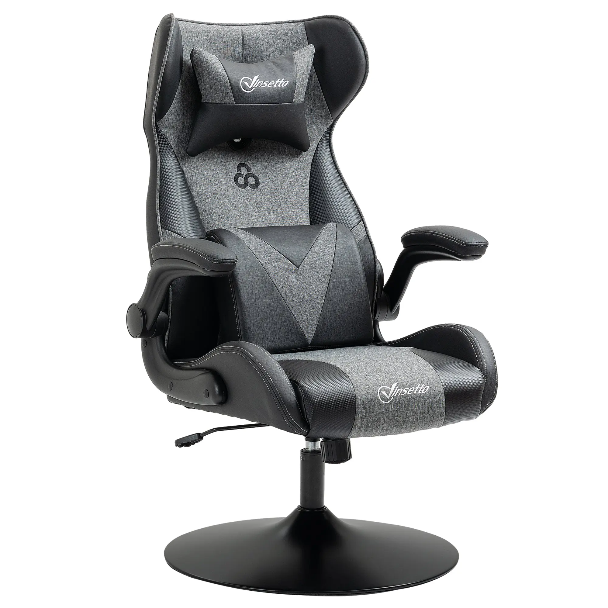 Chaise de gaming ergonomique avec base ronde hauteur réglable accoudoir relevable coussins tétière et lombaires PU gris noir
