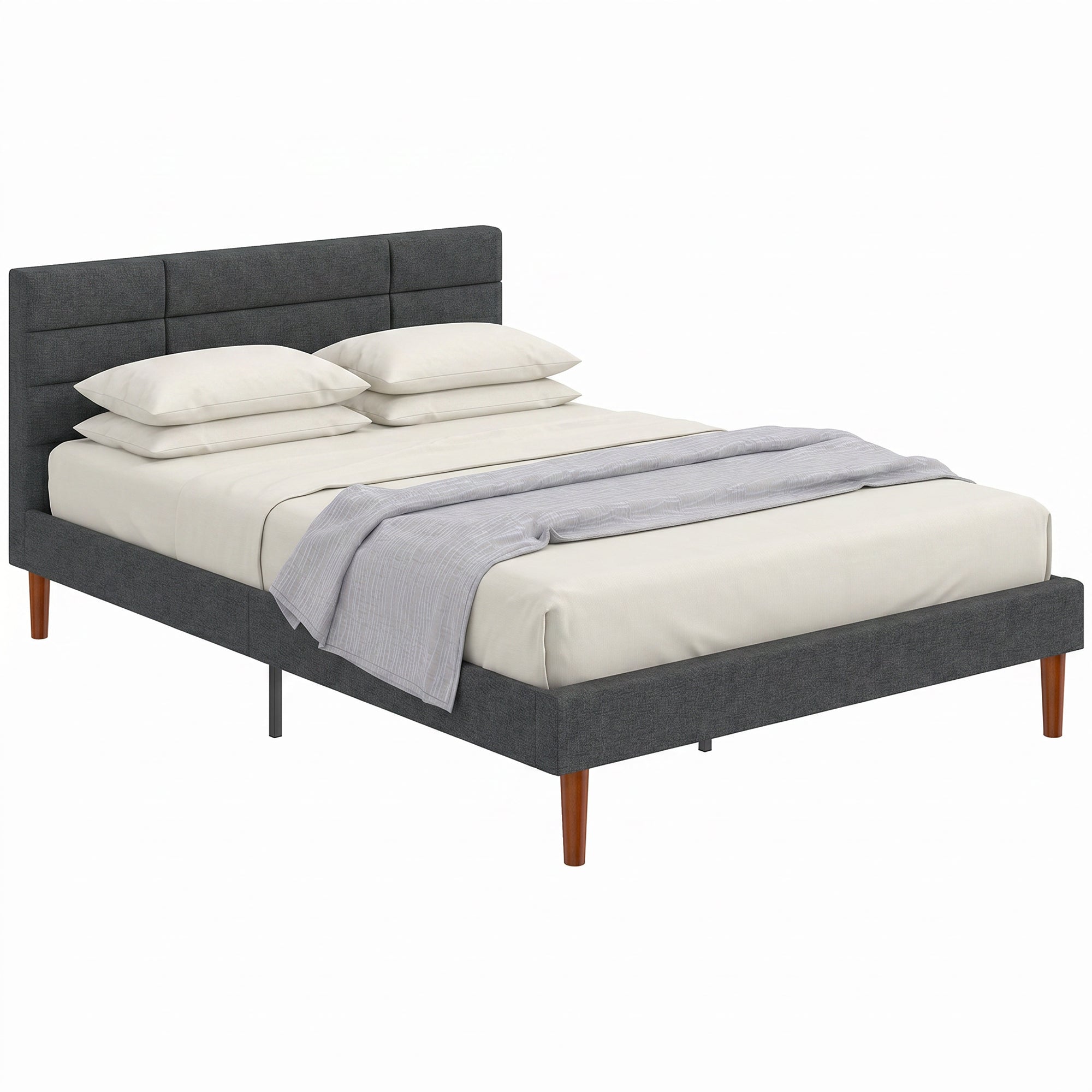 Cadre de Lit 140 x 200 cm avec Sommier Bois, Lit Double Rembourré en Effet Lin, 9 Pieds Robustes Supporte 500 KG, Tête de Lit Quadrillé, Rangement au-dessous, Sans Bruit, Montage Facile, Gris