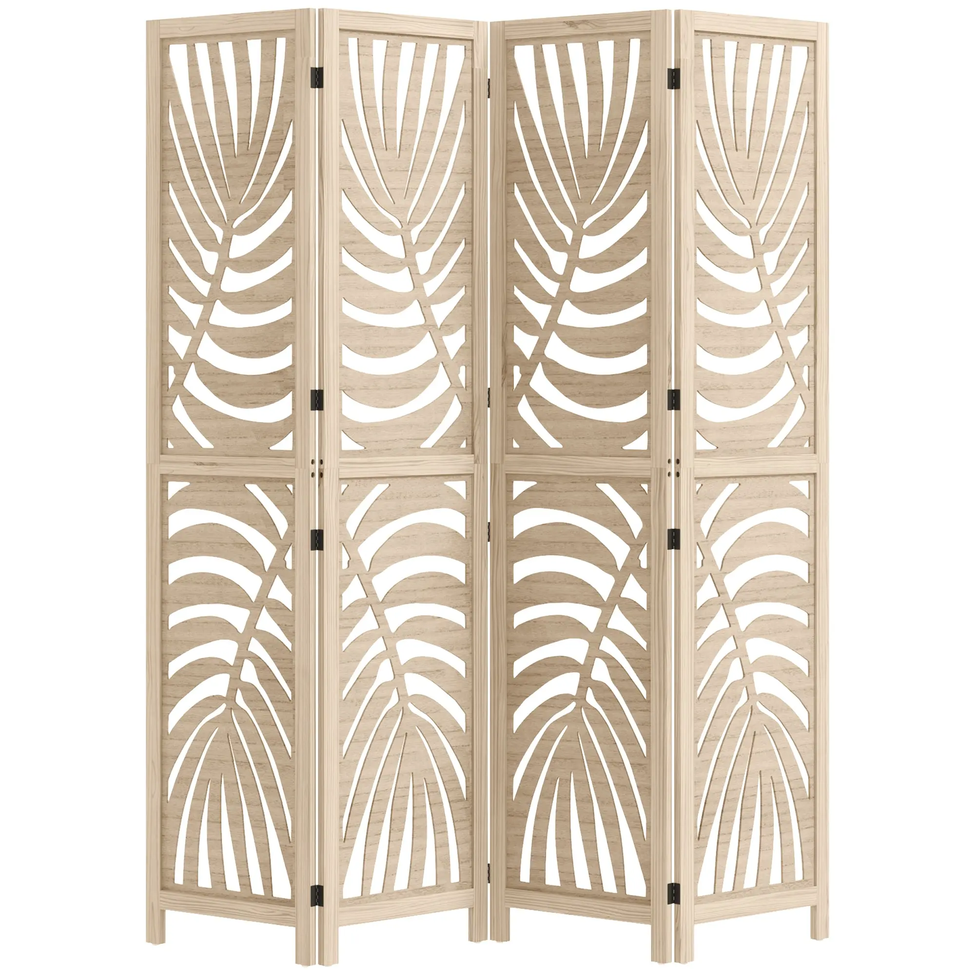 Paravent interieur en bois 4 panneaux 160 x 170 cm séparateur de pièce pliable et portable, motif de feuille, cloison de séparation amovible pour salon chambre à coucher maison, bois naturel