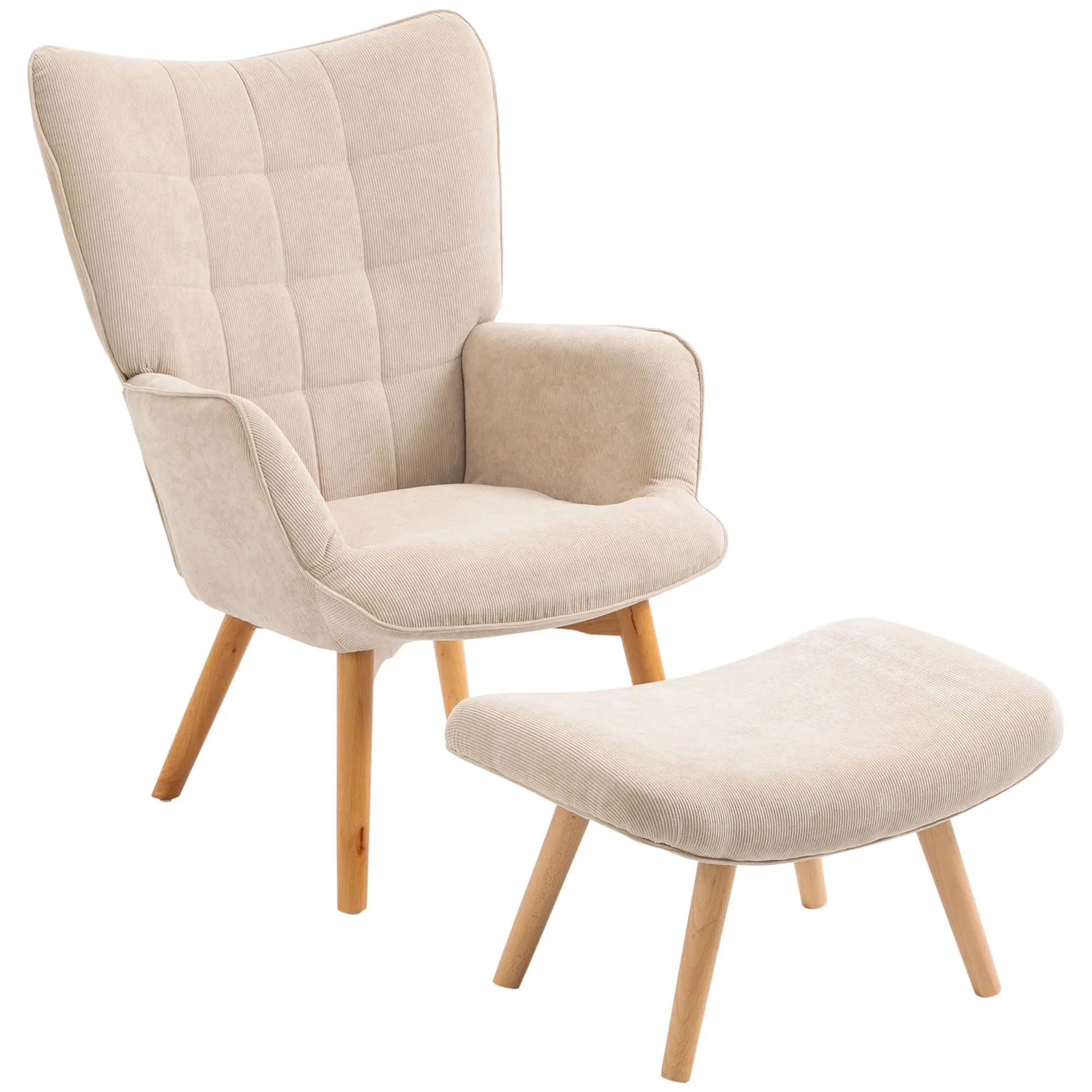 Fauteuil avec repose pied, fauteuil salon avec pieds en bois, dossier haut et tissu aspect velours côtelé, pour salon chambre à coucher beige