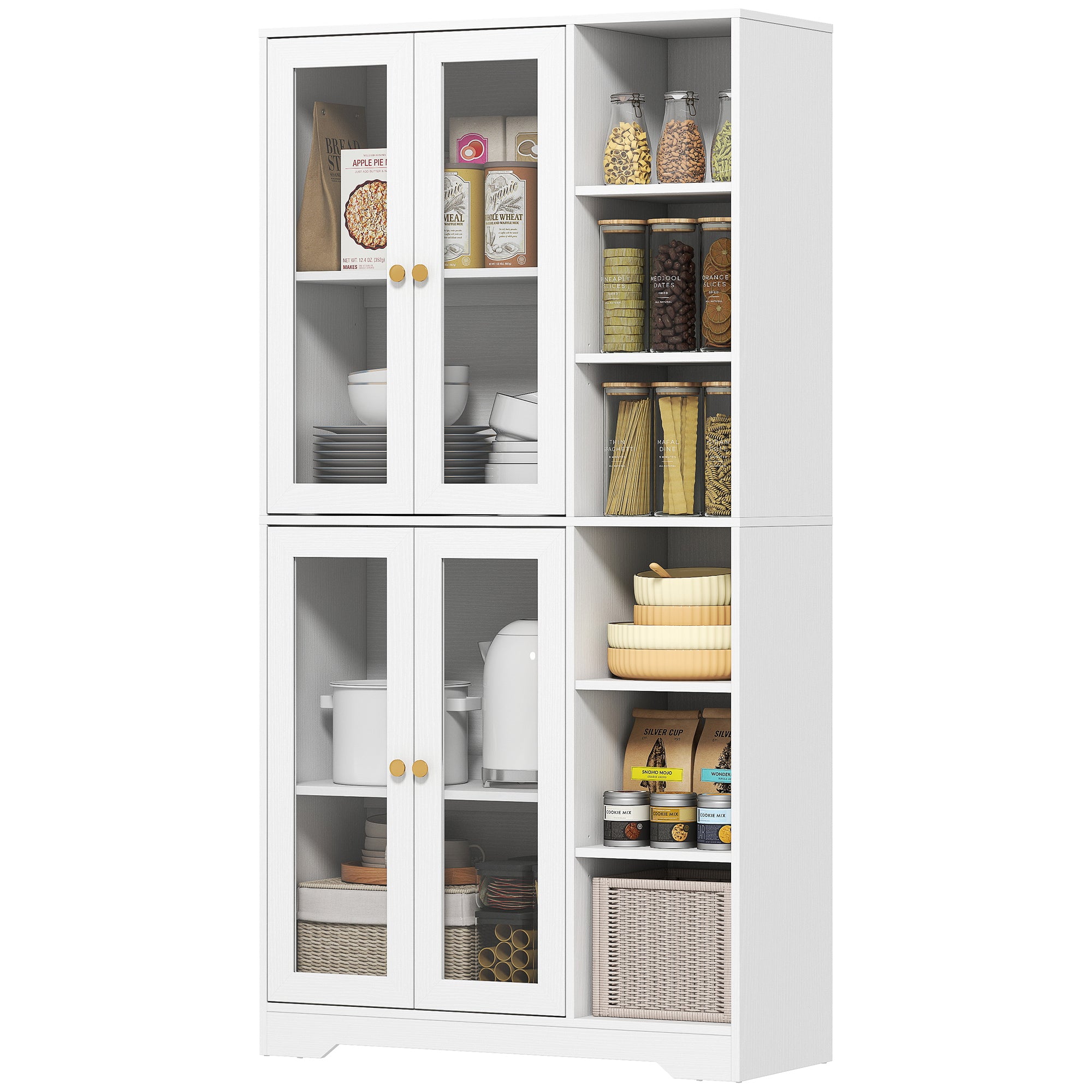 Buffet haut cuisine, vaisselier vitrine avec 4 portes à fermeture douce en verre trempé, étagères réglables et 6 compartiments ouverts, meuble de rangement pour salon, salle à manger, blanc