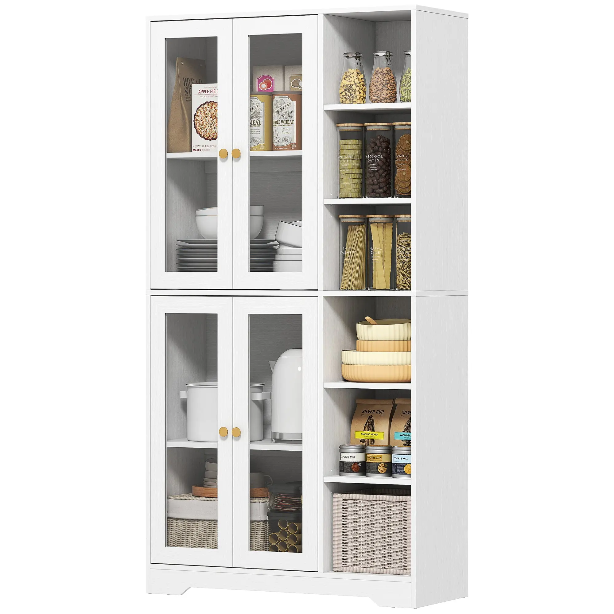Buffet haut cuisine, vaisselier vitrine avec 4 portes à fermeture douce en verre trempé, étagères réglables et 6 compartiments ouverts, meuble de rangement pour salon, salle à manger, blanc