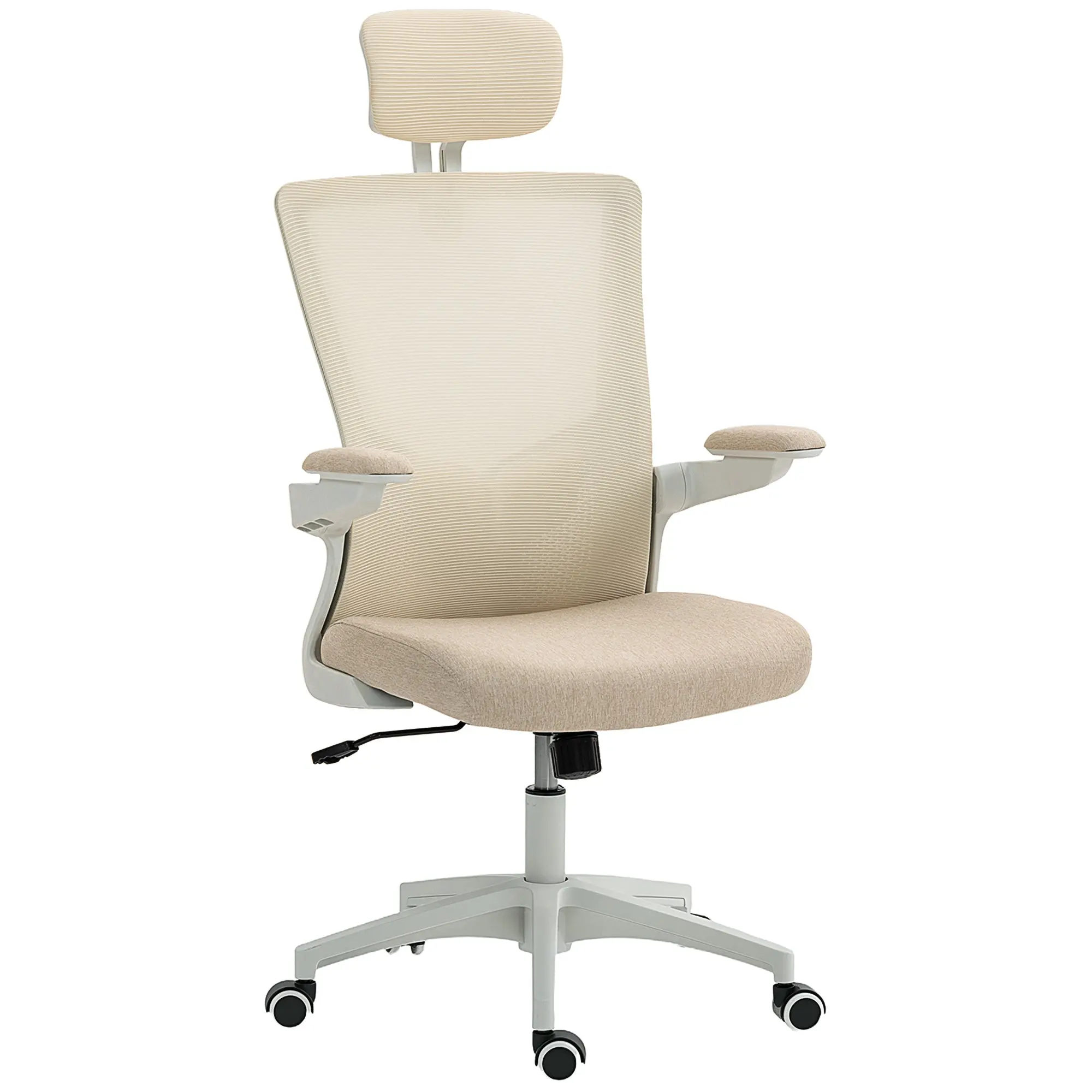 Chaise bureau ergonomique, fauteuil de bureau avec hauteur réglable, soutien lombaire, appui-tête, accoudoirs relevables, fonction bascule, pivotant à 360° et roulettes, beige