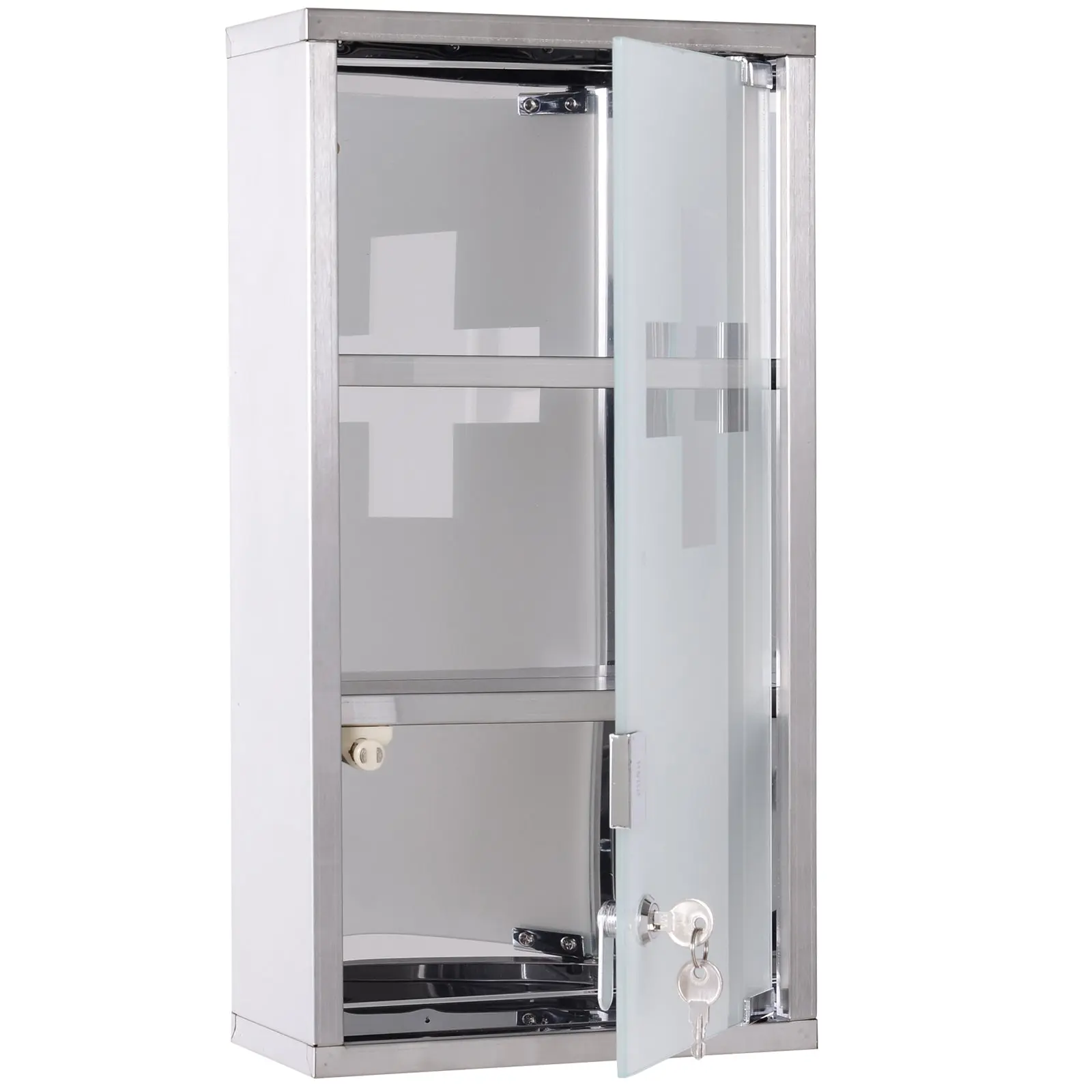 Armoire à Pharmacie 2 étagères 3 Niveaux verrouillable Porte Verre trempé dépoli Logo Croix 25L x 12l x 48H cm Acier INOX