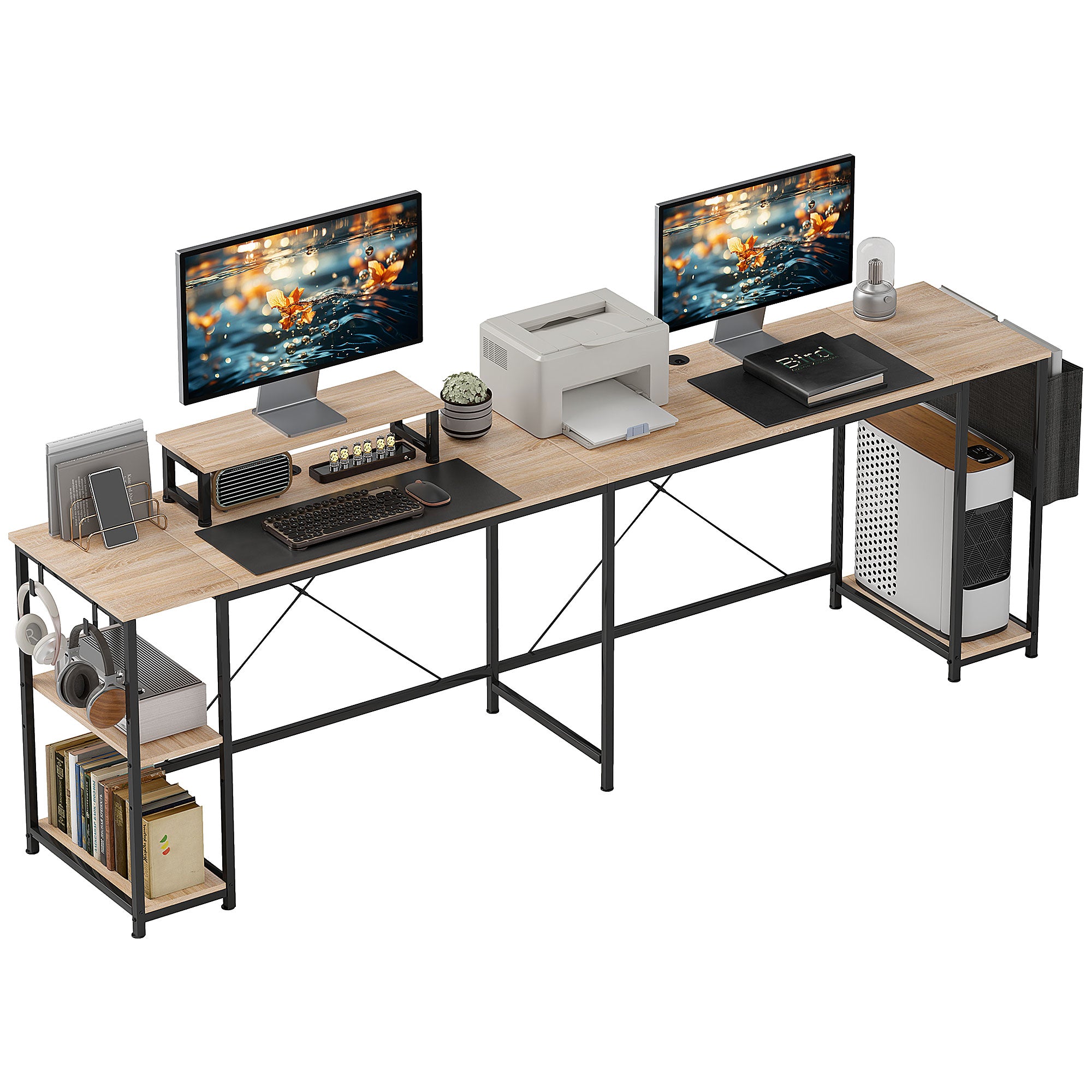 Bureau d'angle modulable réversible, bureau avec rangement 168-240 cm style industriel - étagère réglable, sac de rangement, support d'écran, bureau d'ordinateur pour 2 personnes, bois naturel