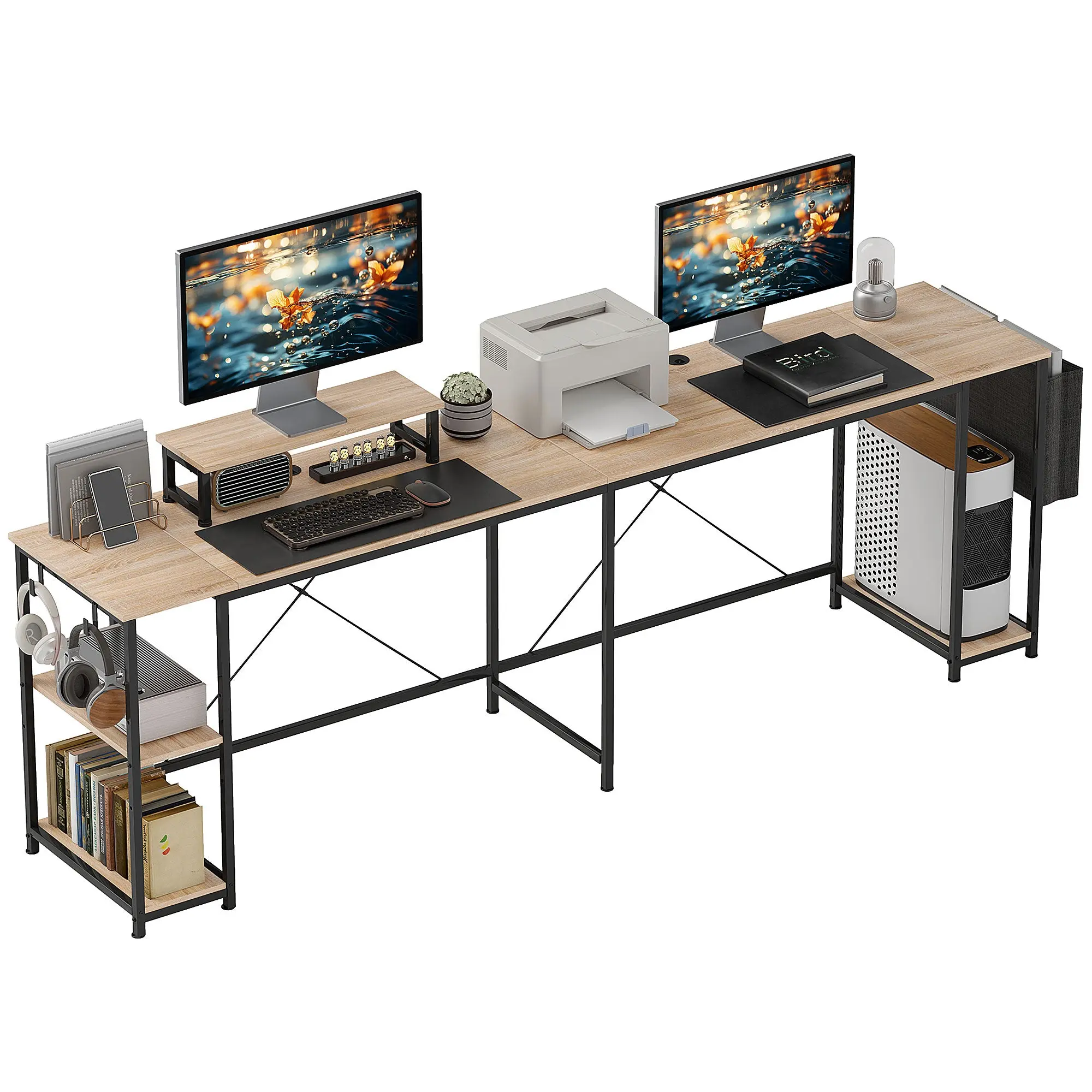 Bureau d'angle modulable réversible, bureau avec rangement 168-240 cm style industriel - étagère réglable, sac de rangement, support d'écran, bureau d'ordinateur pour 2 personnes, bois naturel
