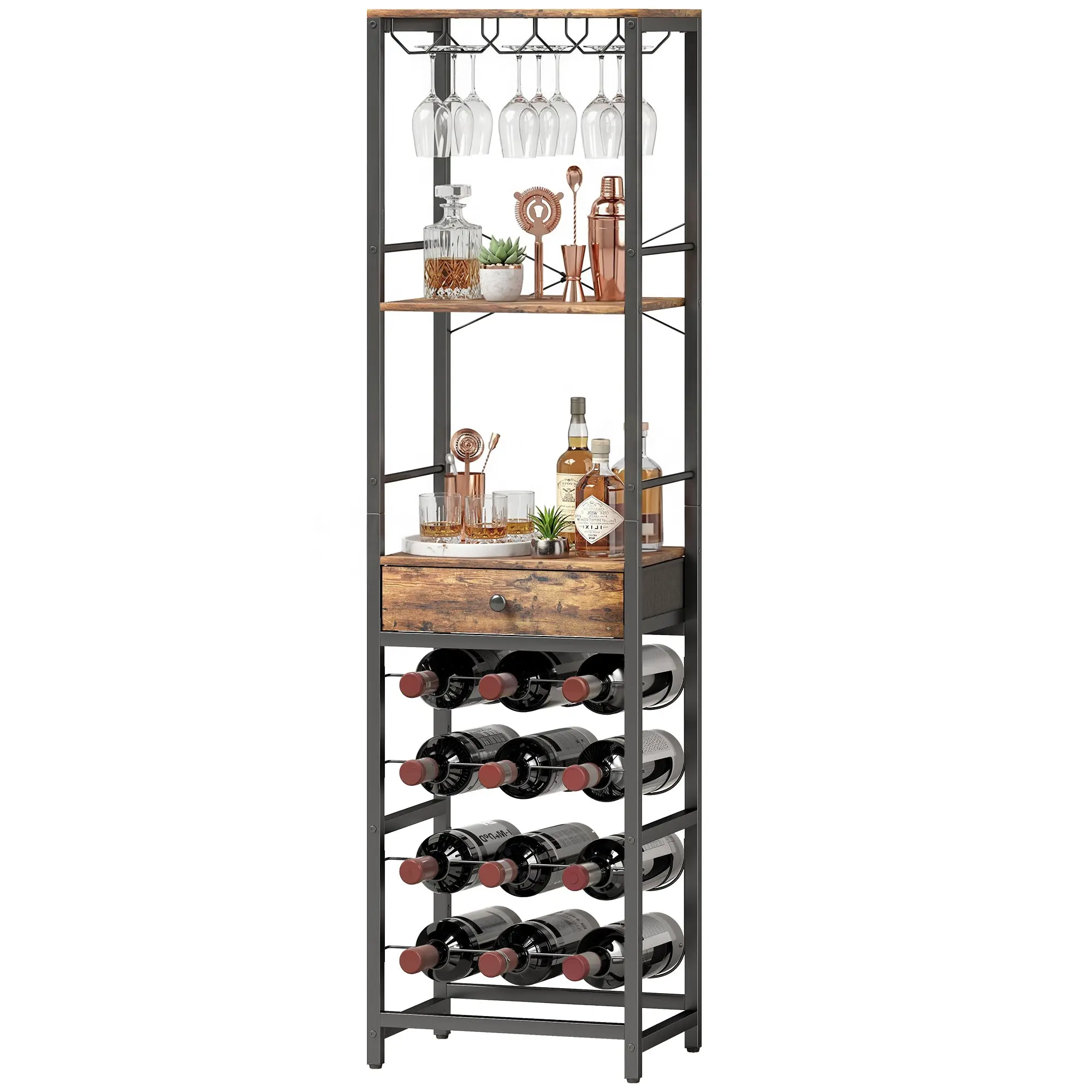 Casier à bouteilles pour 12 bouteilles, casier à vin avec étagère ouverte et tiroir, style industriel, étagère à vin en métal pour cuisine, salon, bar, 40 x 30 x 148 cm, brun rustique