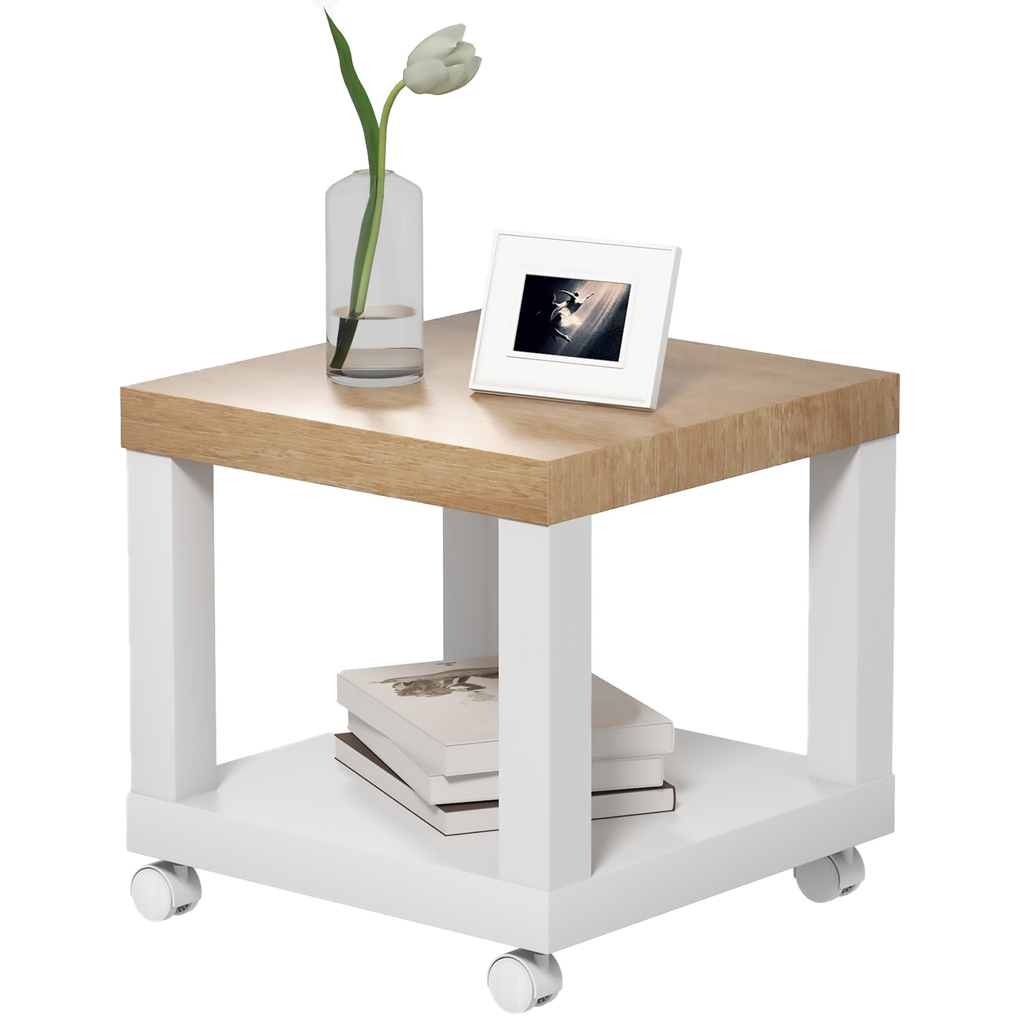 Table d'Appoint Roulante, Table Basse Moderne avec Étagère Ouverte, pour Salon, Chambre ou Bureau, 40 x 40 x 40 cm, Bois Naturel & Blanc