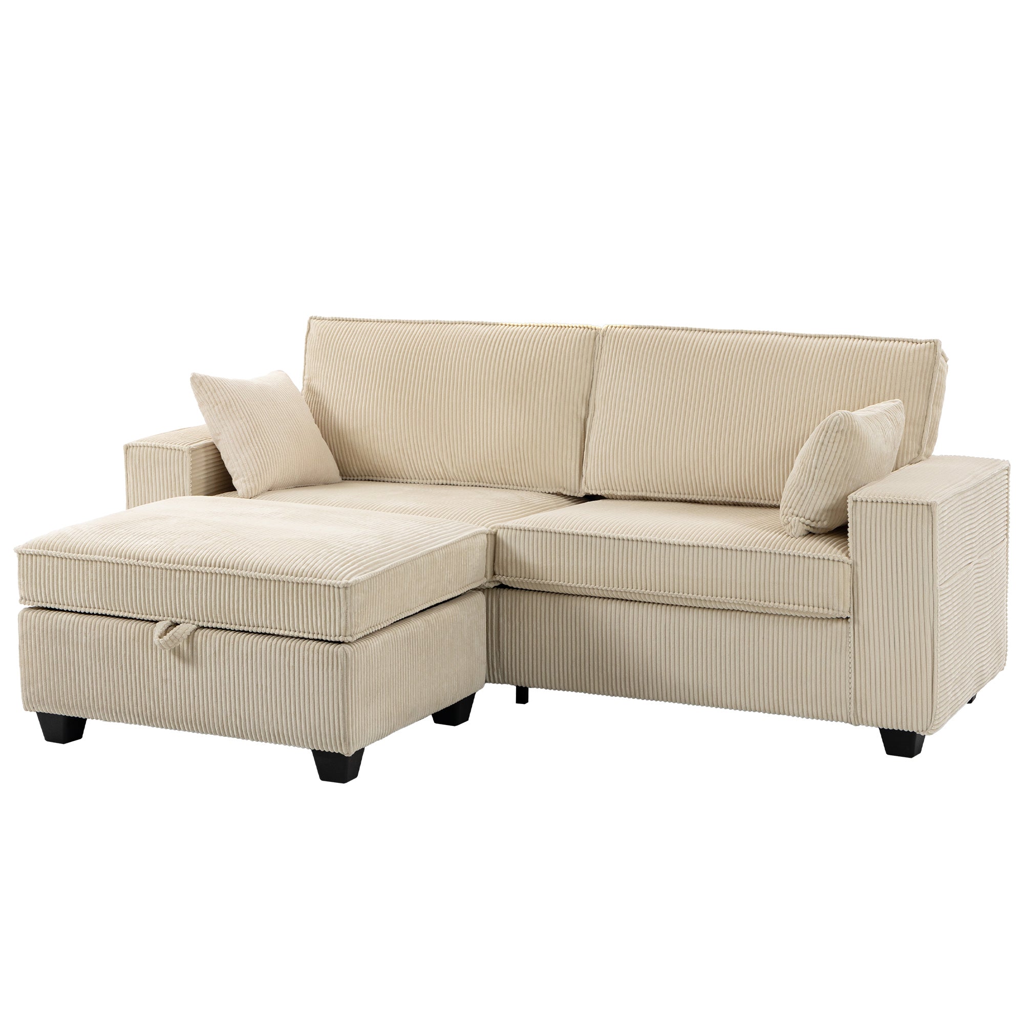 Canapé 3 Places avec Pouf de Rangement, Canapé d'Angle en Velours Côtelé 216 cm, Assise Large, Accoudoirs Larges, 2 Coussins, Coussins à Ressorts, Poches Latérales, pour Salon, Chambre, Beige
