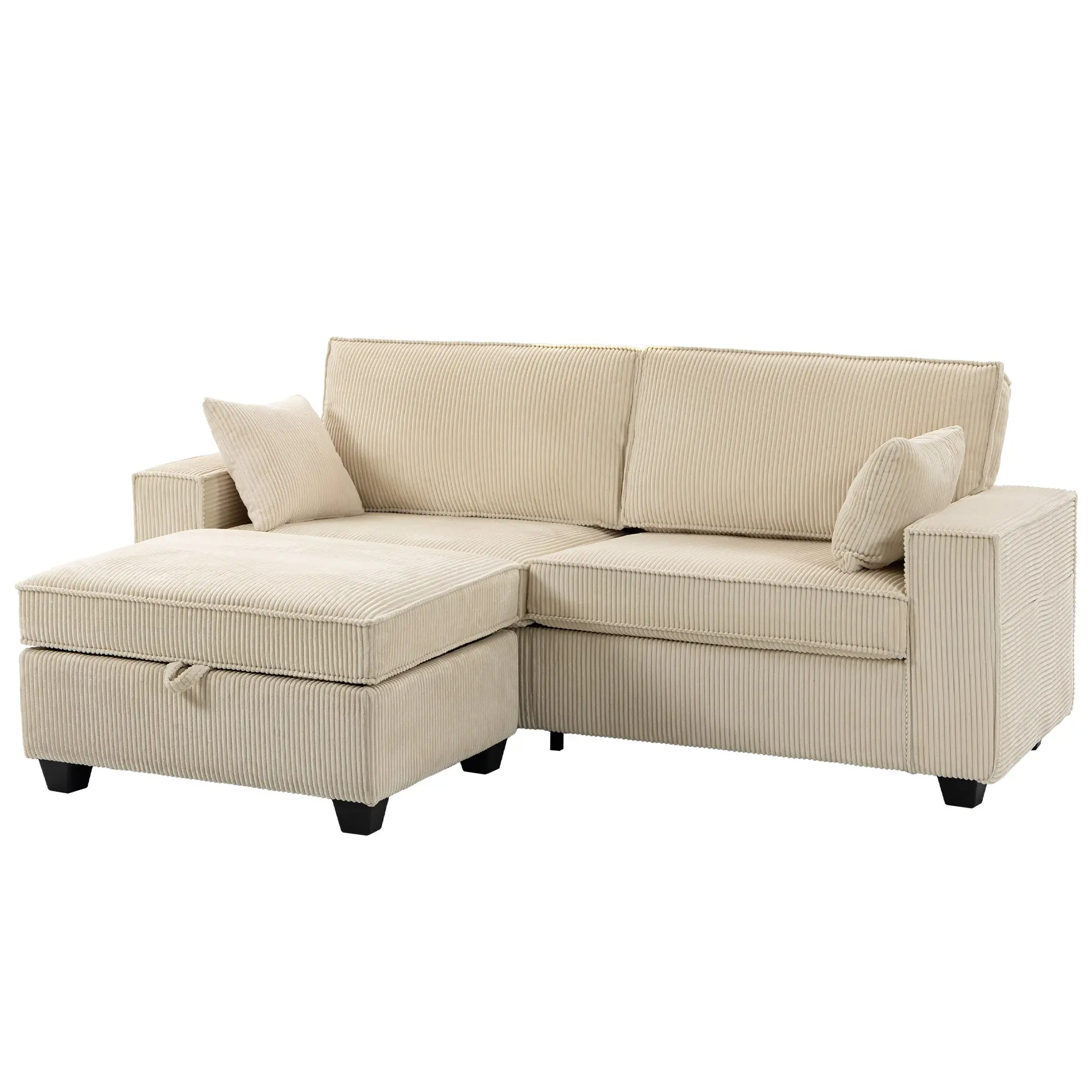 Canapé 3 Places avec Pouf de Rangement, Canapé d'Angle en Velours Côtelé 216 cm, Assise Large, Accoudoirs Larges, 2 Coussins, Coussins à Ressorts, Poches Latérales, pour Salon, Chambre, Beige