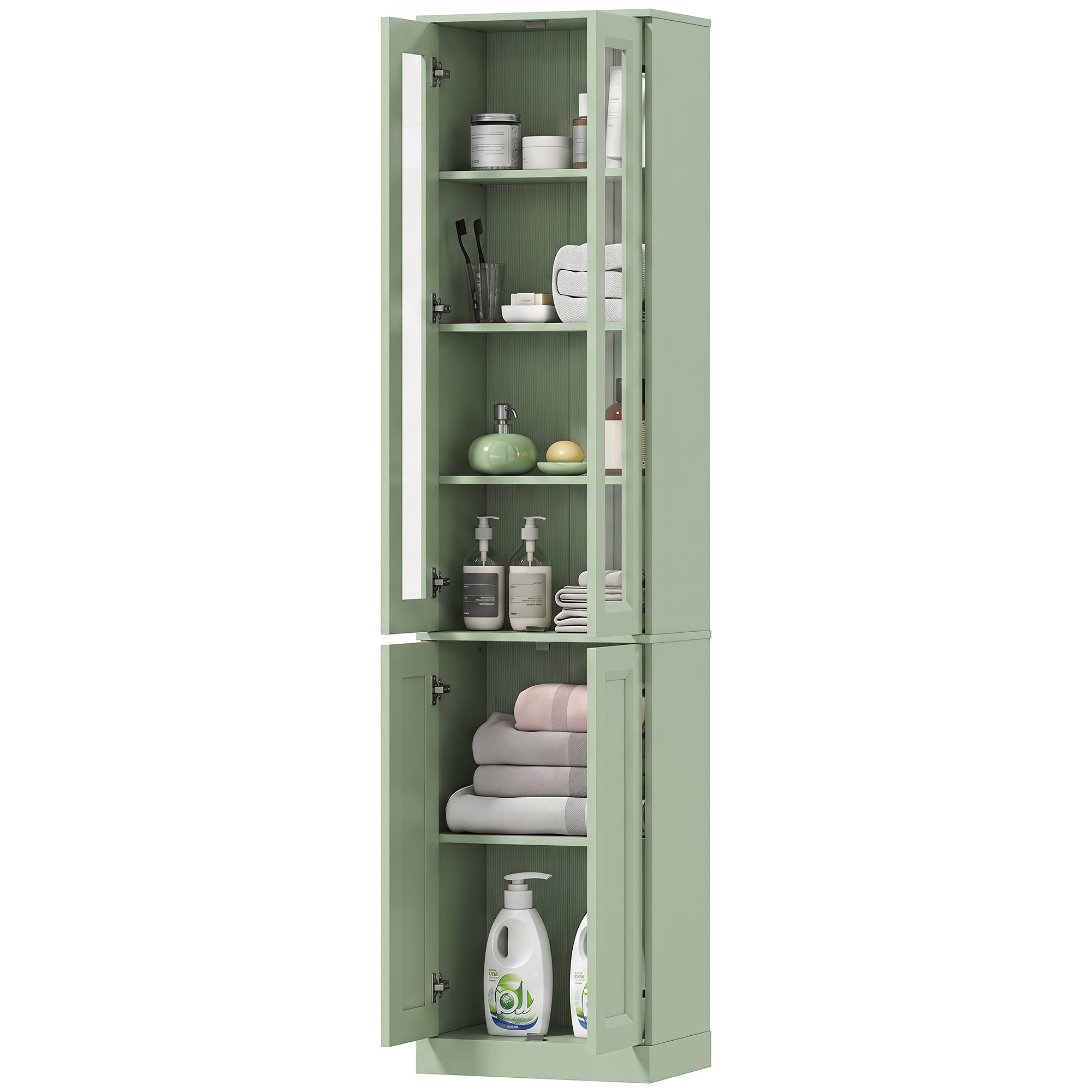 Meuble de Salle de Bain 6 niveaux, Meuble de Rangement, Colonne Salle de Bain, 4 Portes à Fermeture Douce dont 2 Acrylique, Étagères Réglables, pour Salon, Chambre, Buanderie, 38x26x160cm, Vert