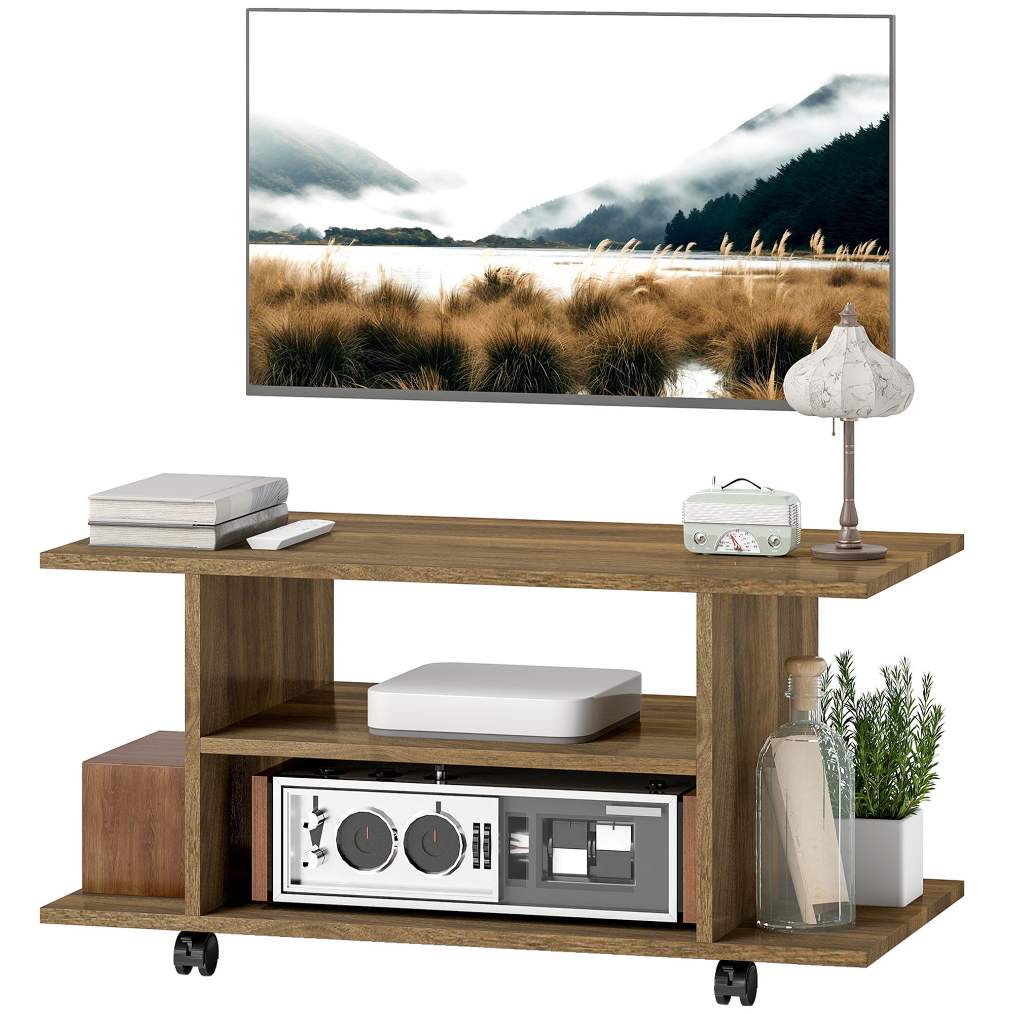 Meuble TV avec roulettes 80 cm, meuble télé pour téléviseur jusqu'à 42 pouces avec étagères ouvertes, style moderne, banc TV pour salon, chambre, noir