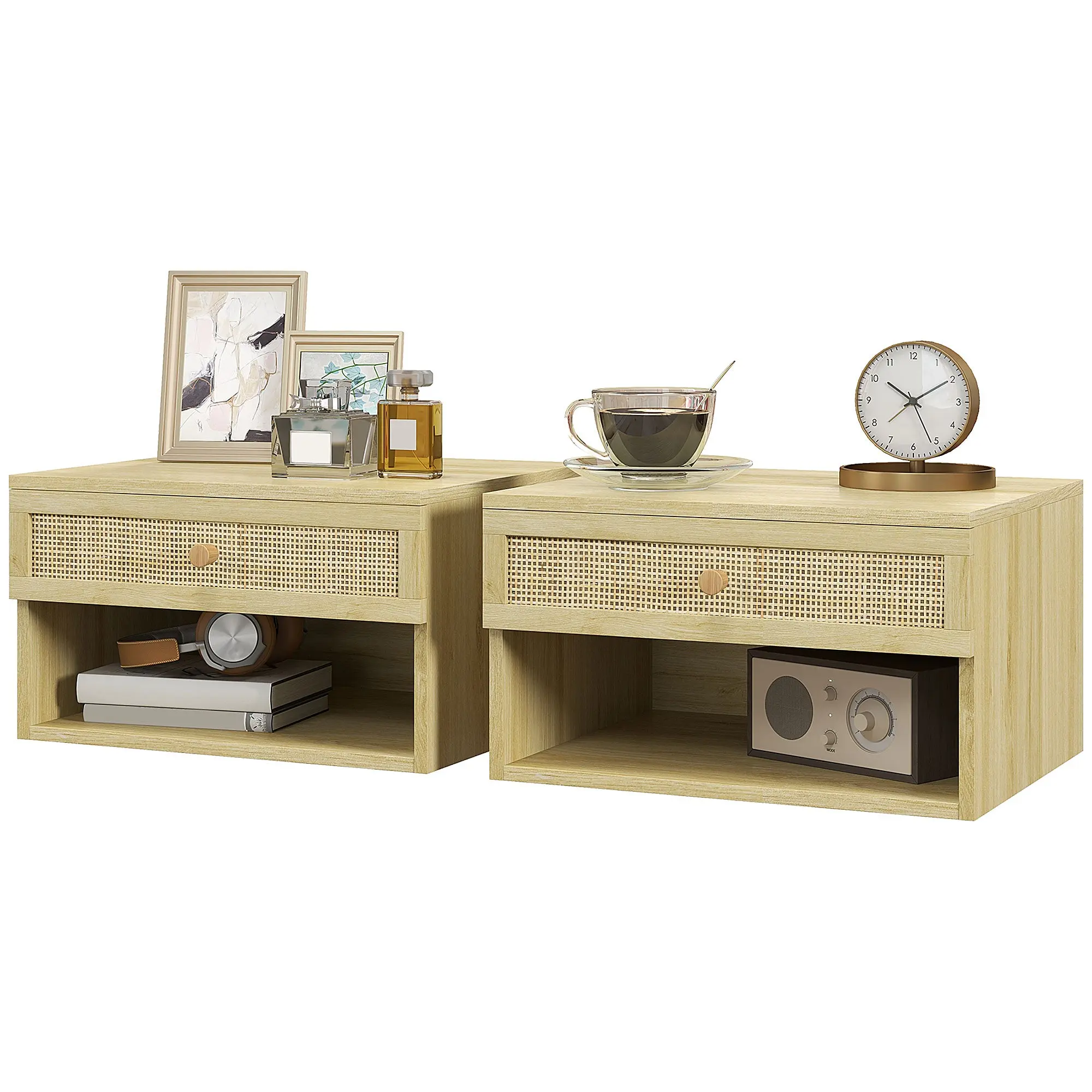 Lot de 2 tables de chevet murales table de nuit - tiroir coulissant, niche, plateau - en bois façade effet rotin tissé dim. 40L x 34l x 23H cm