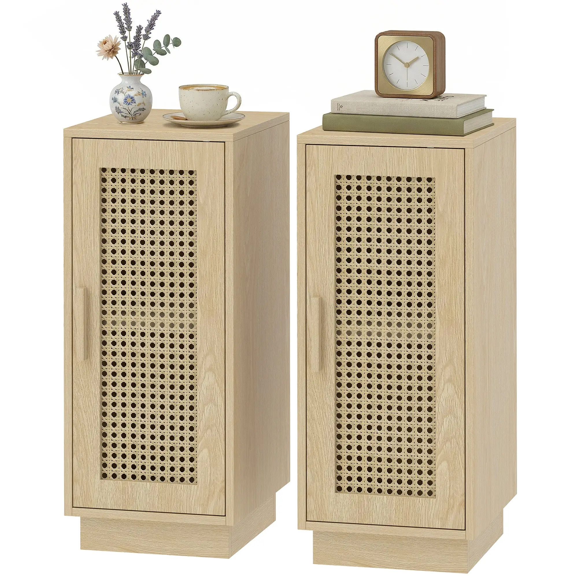 Lot de 2 Tables de Chevet, Tables de Nuit avec étagère Réglable et Porte en Résine Tressée, Style Bohème, pour Chambre à Coucher, Salon, Bois Naturel