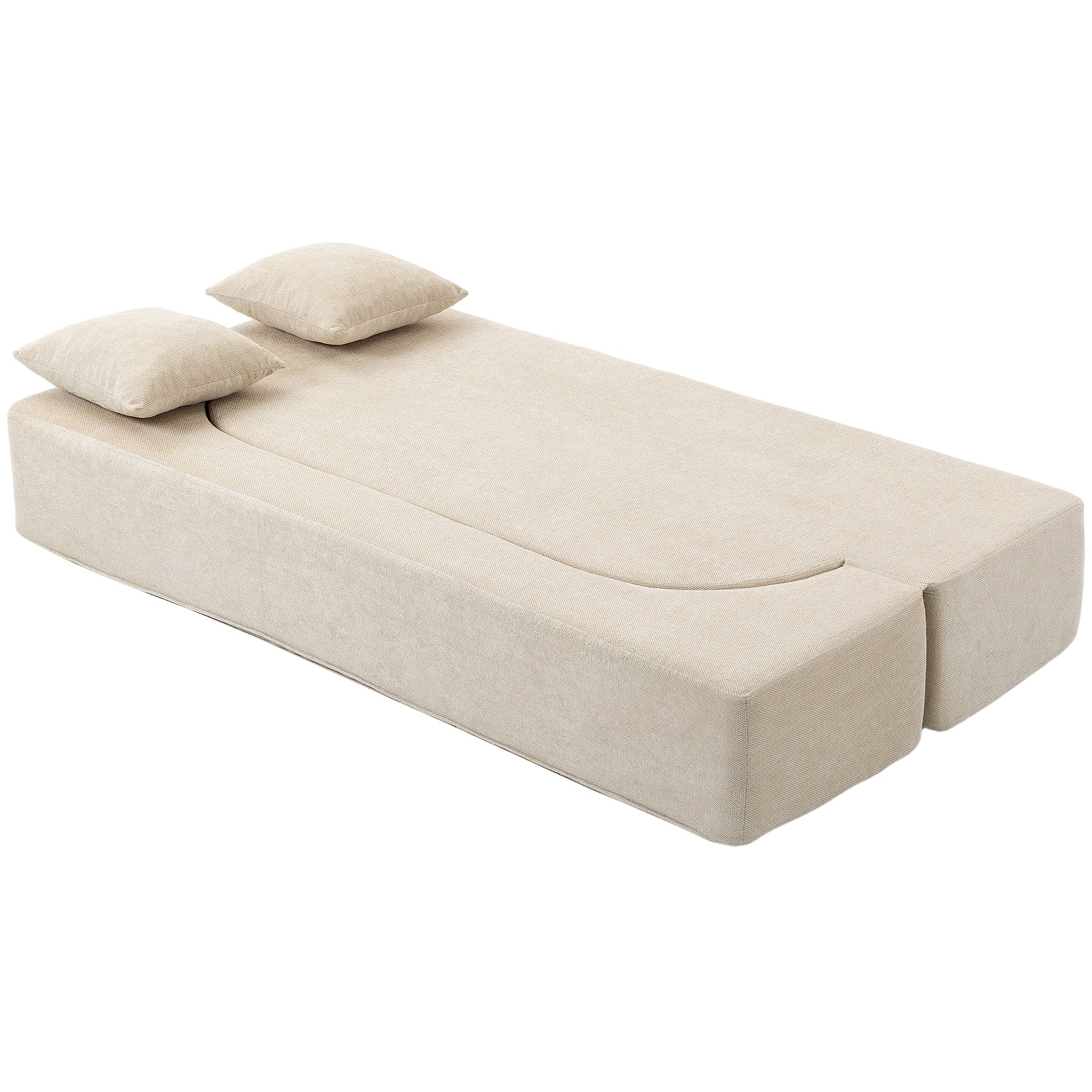 Canapé Convertible 2 Places, Canapé-Lit en Chenille 190cm, Dossier Rabattable, Assise et Accoudoirs Larges, 2 Oreillers, Entièrement Compressé Pas d'Assemblage, pour Salon, Chambre, Beige