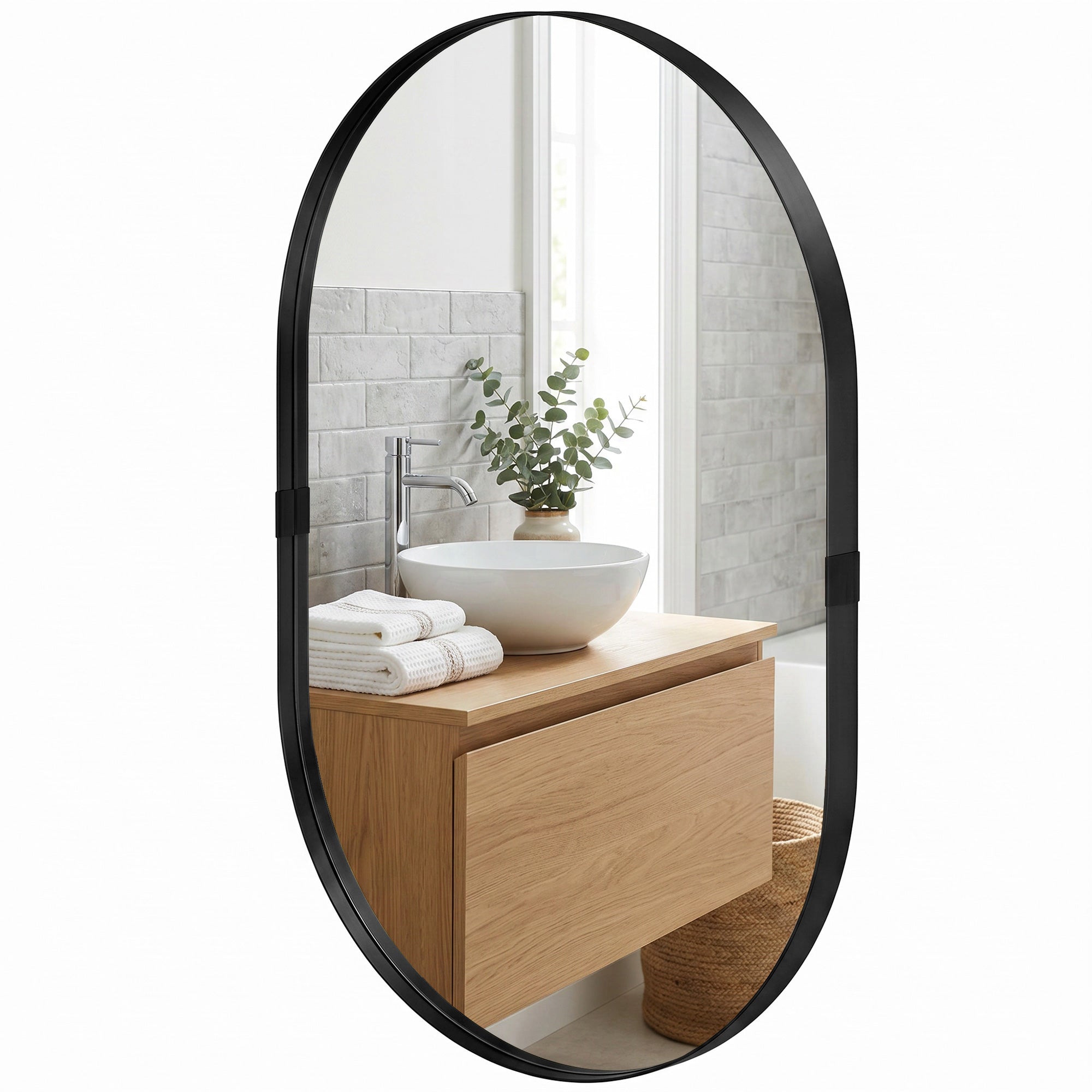 Miroir mural, miroir décoratif 60 x 90 cm en verre trempé et cadre en aluminium, pour salle de bain, chambre, salon, couloir, noir