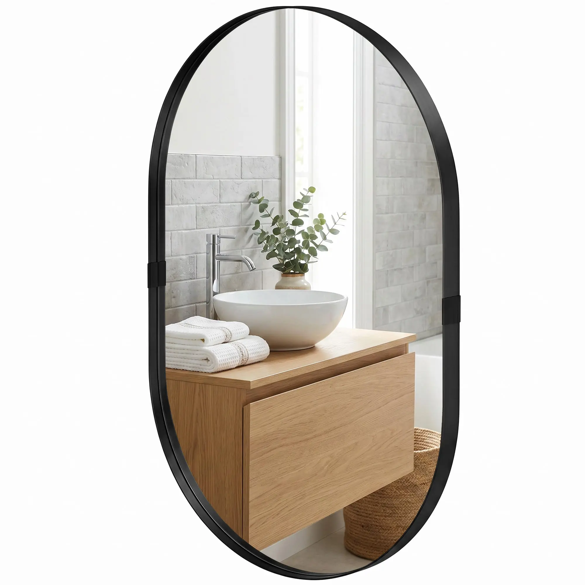 Miroir mural, miroir décoratif 60 x 90 cm en verre trempé et cadre en aluminium, pour salle de bain, chambre, salon, couloir, noir