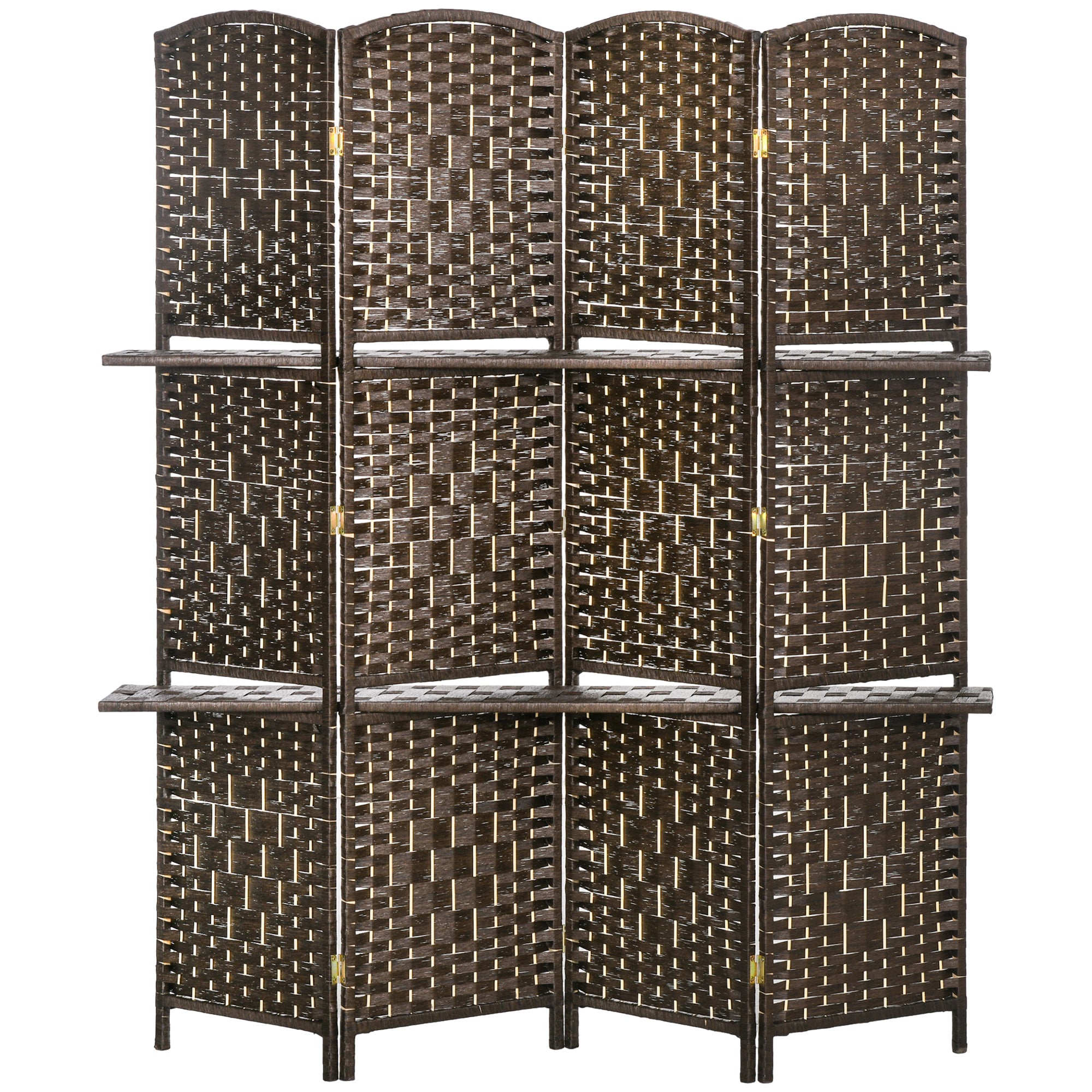 Paravent séparateur de pièce 4 panneaux 160 x170 cm avec 2 étagères, pliable, en bois pour le bureau, salon, chambre, marron