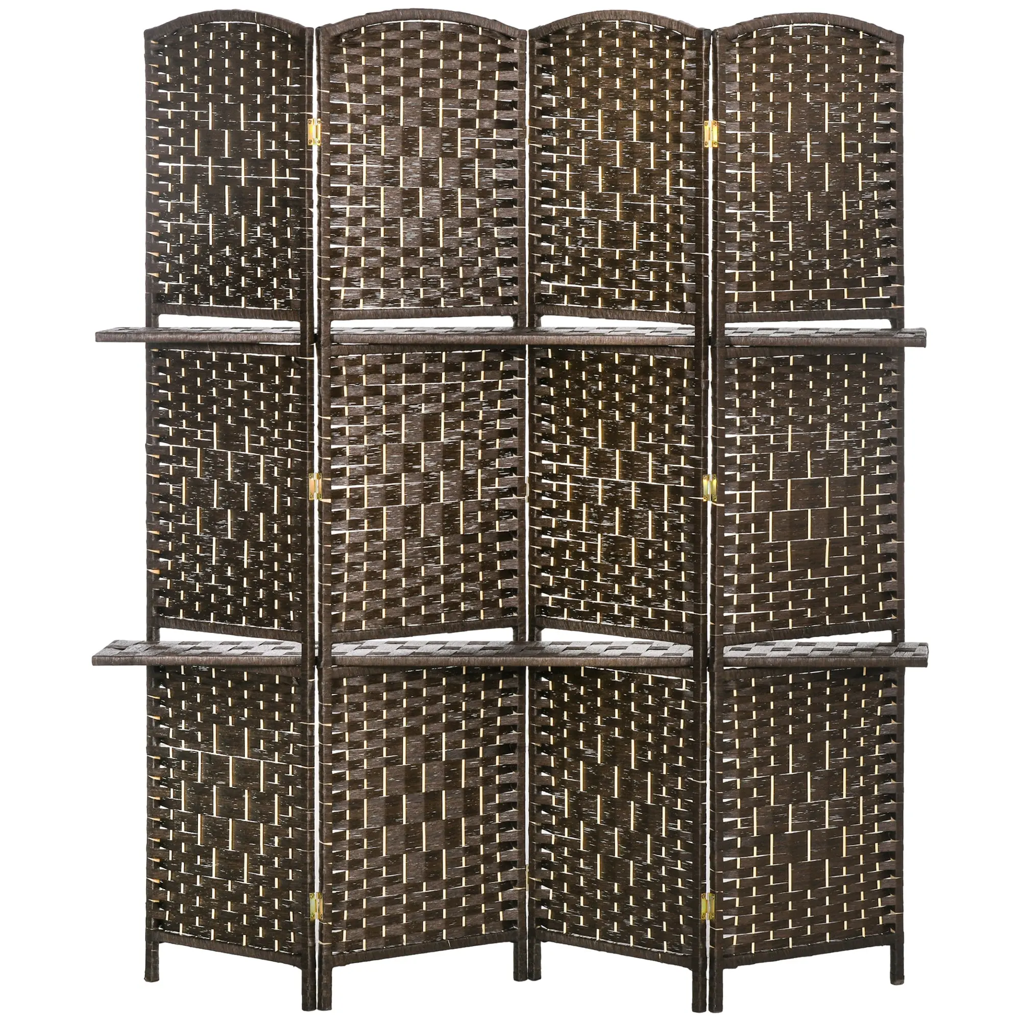 Paravent séparateur de pièce 4 panneaux 160 x170 cm avec 2 étagères, pliable, en bois pour le bureau, salon, chambre, marron