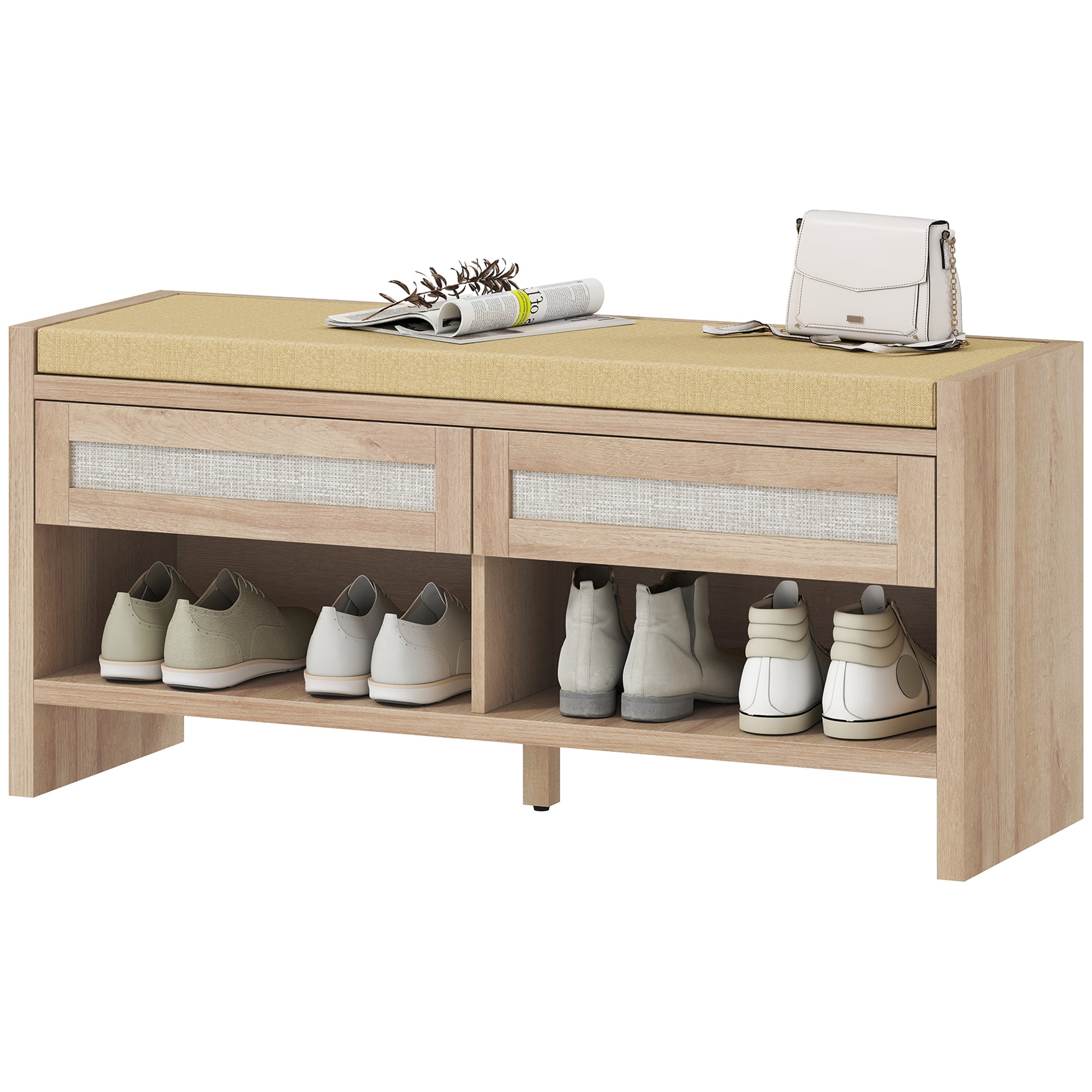 Banc chaussures entrée, banc de rangement, assise rembourrée en lin, 2 tiroirs en rotin et étagère ouverte, style bohème, pour entrée, couloir, 108 x 35 x 50 cm, chêne et marron clair