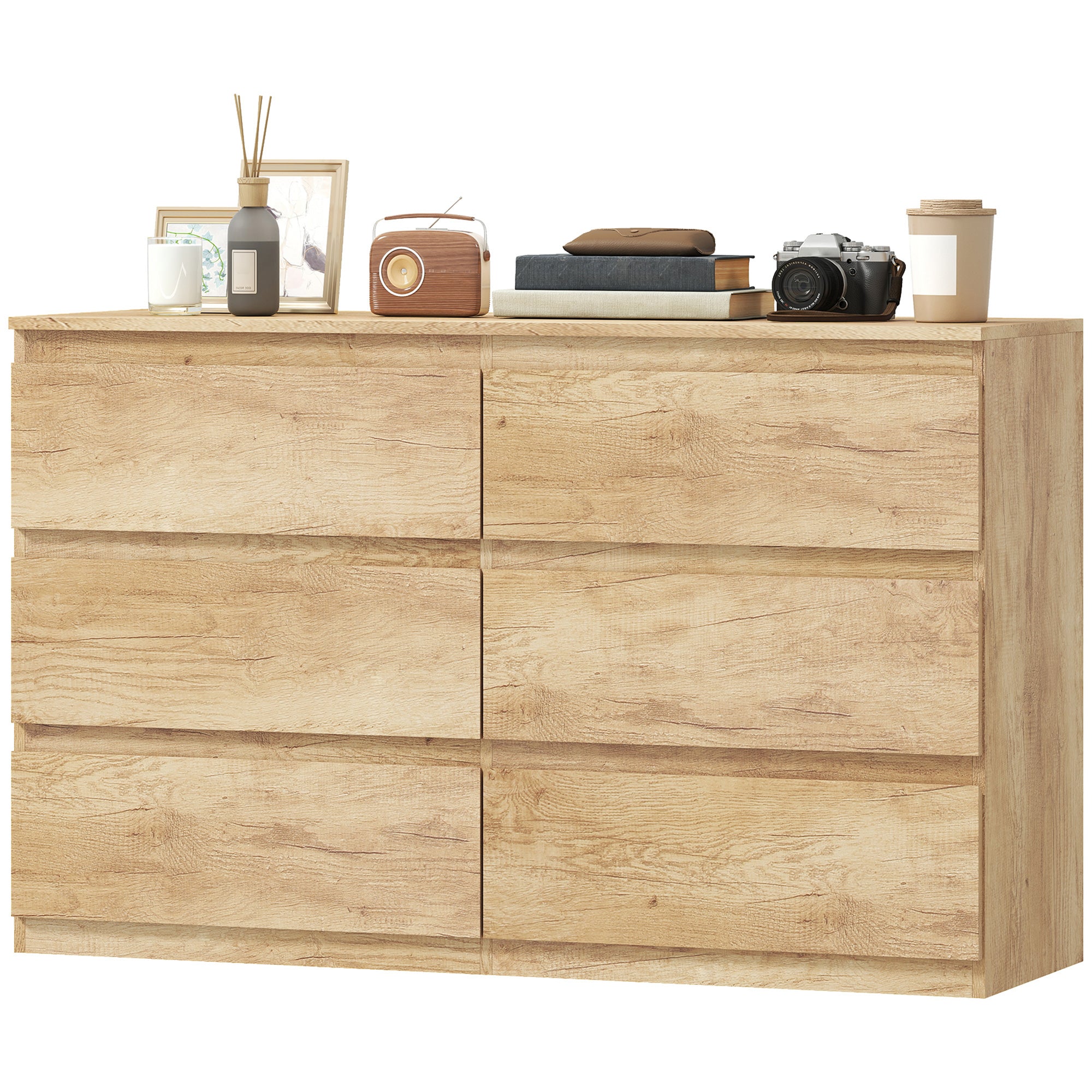 Commode 6 tiroirs, meuble de rangement étroit sans poignées, chiffonnier, style moderne, commode pour chambre à coucher, salon, couloir, 120 x 39 x 75 cm, chêne