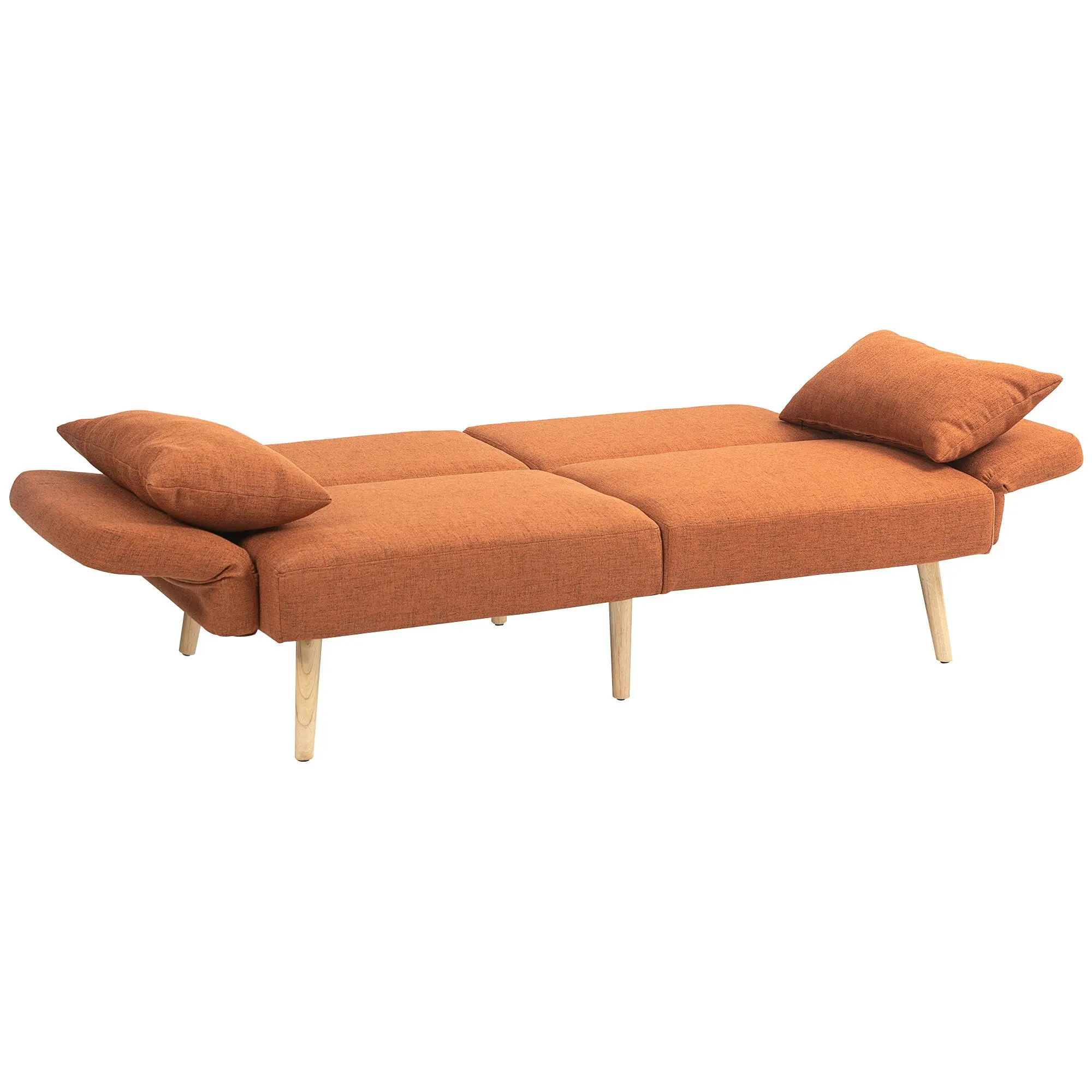 Canapé convertible 3 places, canapé-lit 2 places, dossier inclinable et accoudoirs réglables, clic clac en tissu effet lin, pieds en bois massif, 2 coussins lavables, marron