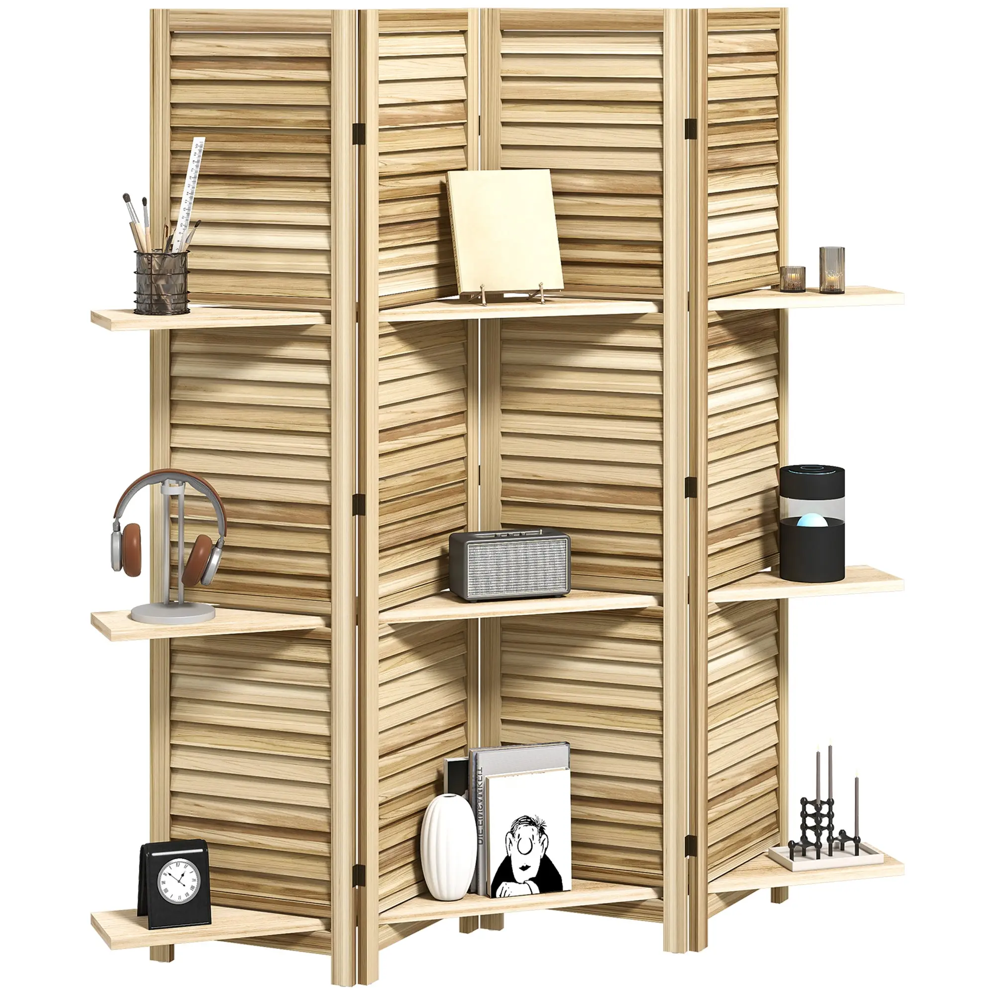 Paravent intérieur en bois 4 panneaux 160 x 170 cm, séparateur de pièce pliable avec 3 étagères, cloison de séparation pour salon, chambre à coucher, maison, bois naturel