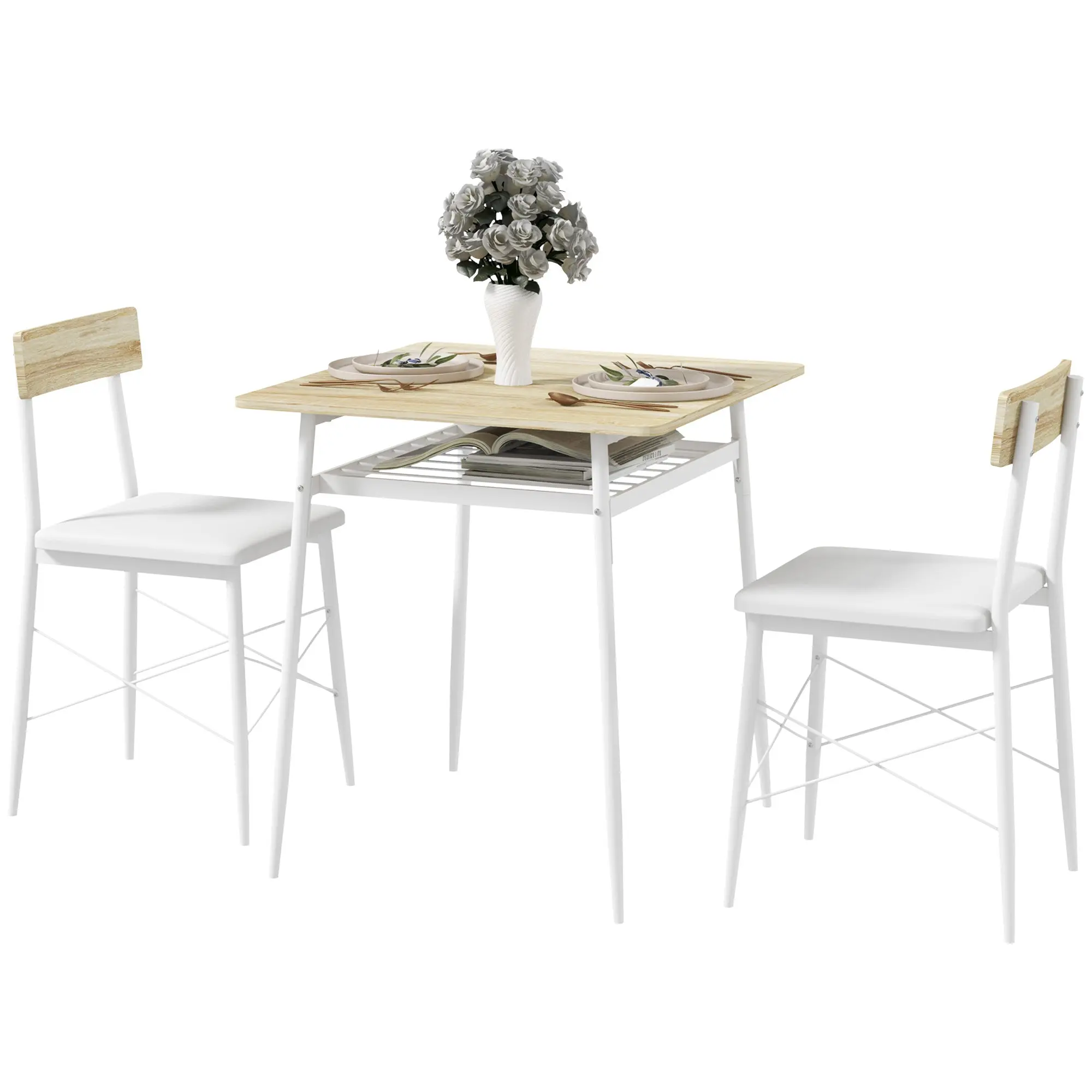 Ensemble table et chaises, table de cuisine avec chaises, structure en acier, avec 2 chaises encastrables, pour cuisine salon maison, blanc et chêne