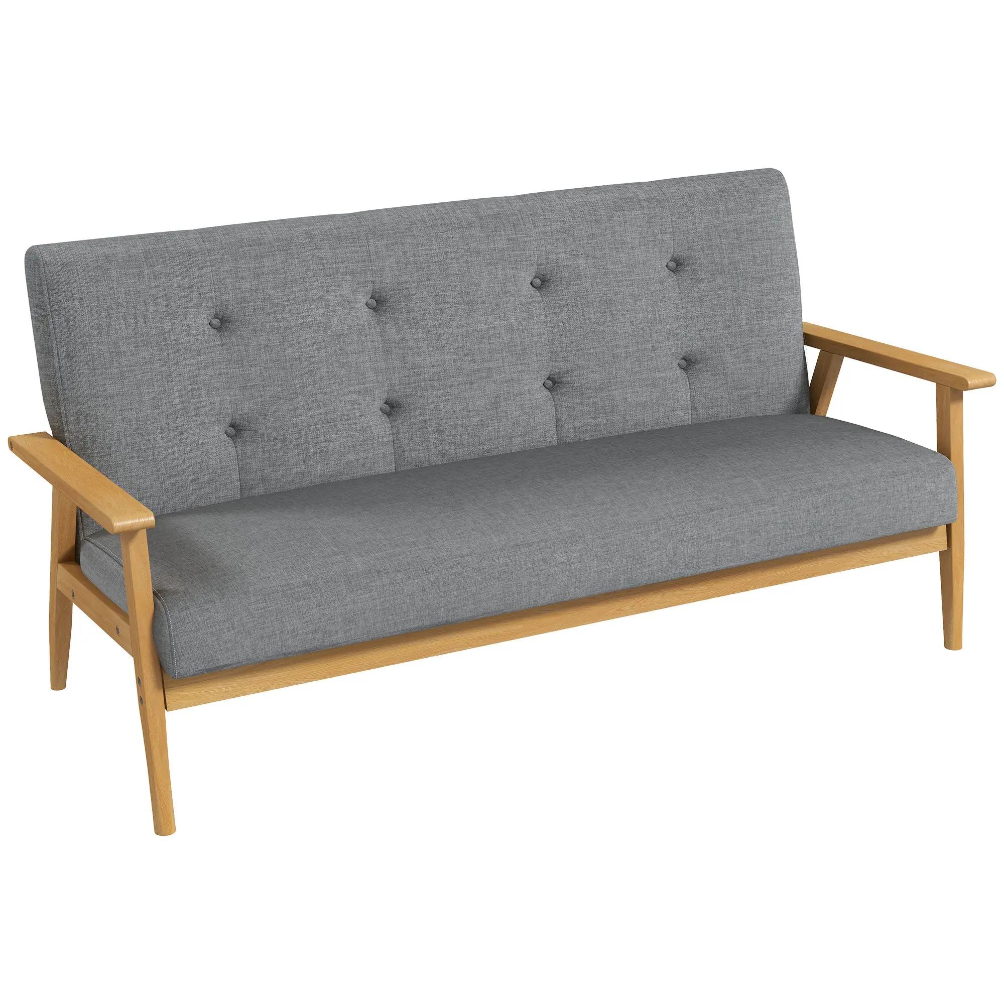 Canapé 3 places 154,5, canapé scandinave avec dossier capitonné, assise rembourrée et accoudoirs, pieds en bois d'hévéa, pour salon, chambre, petit espace, gris