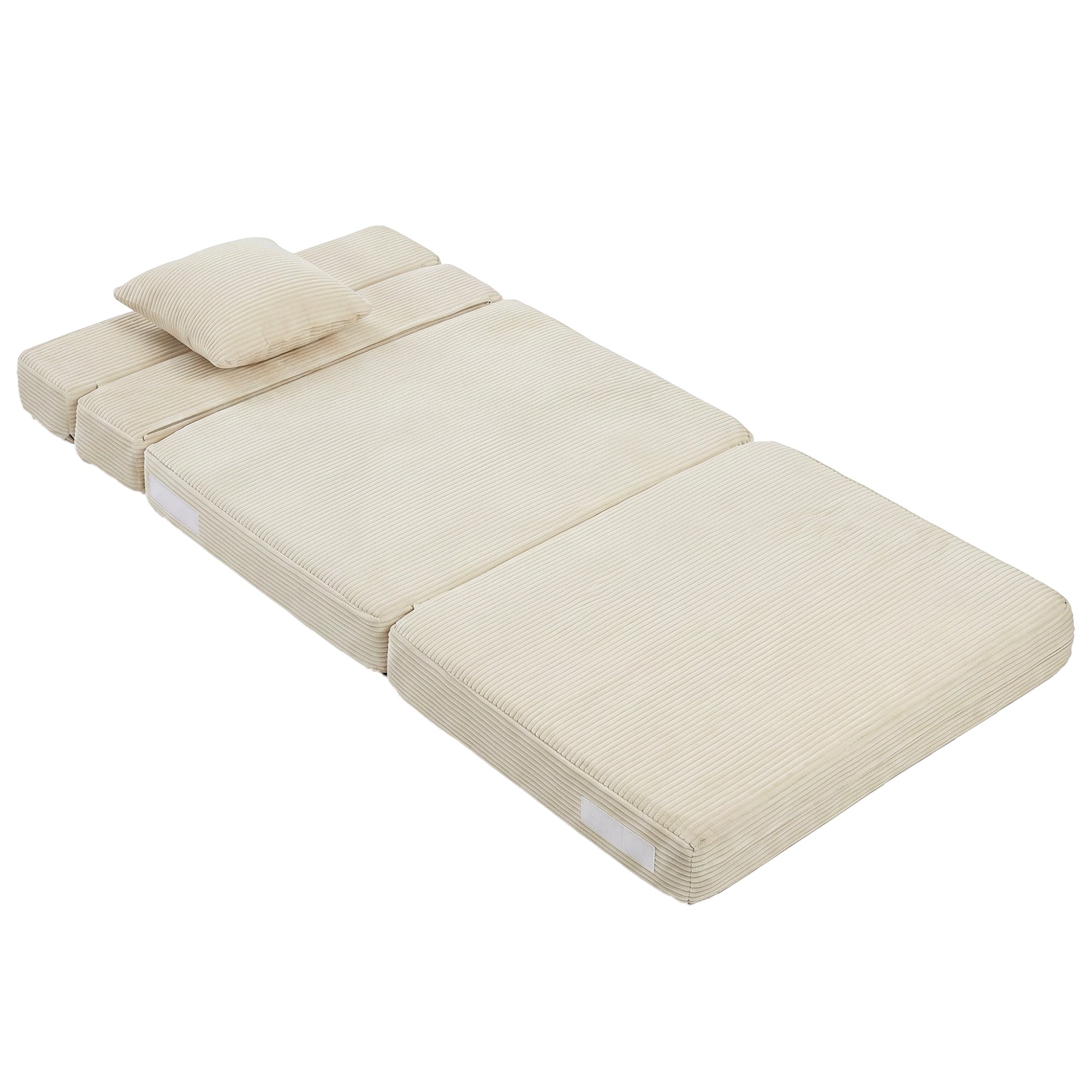 Canapé-Lit Pliant 2 en 1, Chauffeuse 1 Place Convertible Velours Côtelé, Matelas Pliable, Coussin Épais Dossier Oreiller Poches Latérales, Entièrement Compressé Aucun Assemblage Requis, Crème