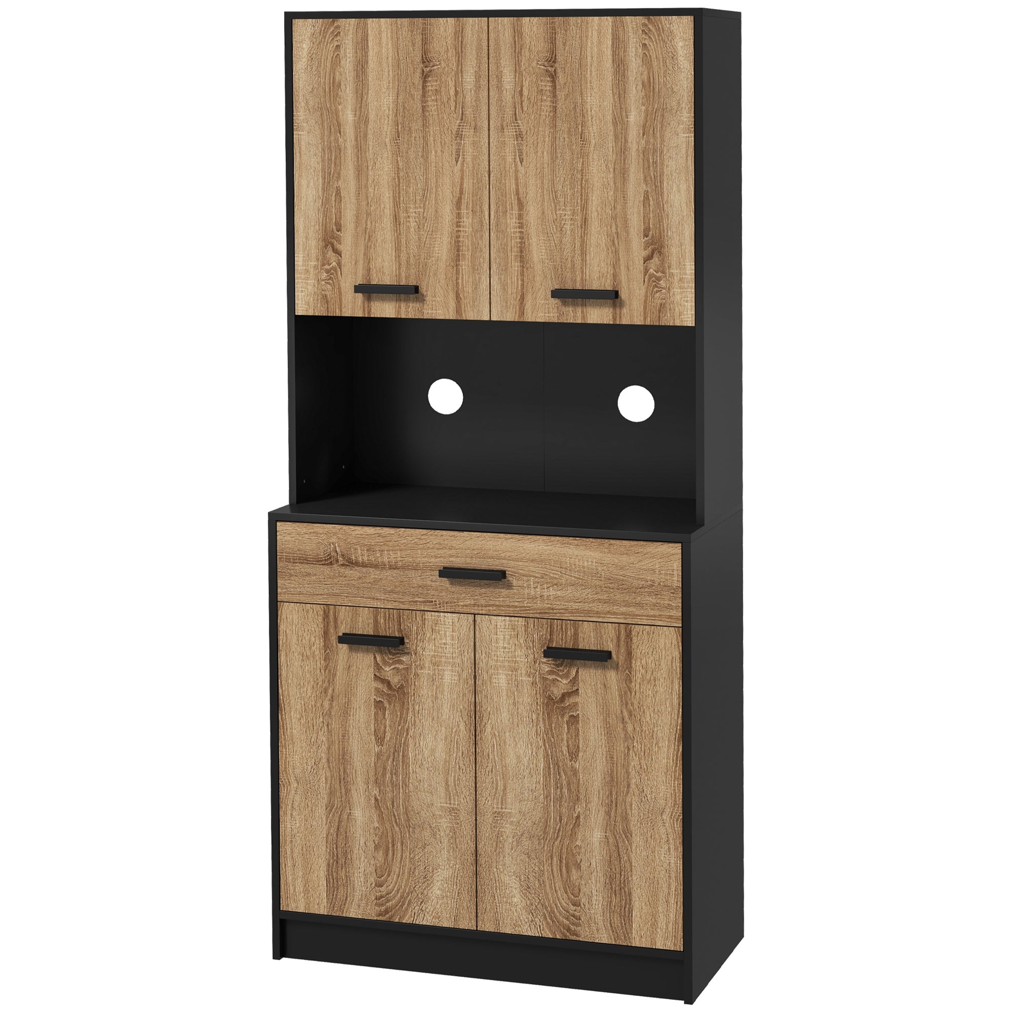 Armoire de cuisine, buffet de cuisine, meuble de rangement, 2 placards, 4 portes, 1 tiroir, passe-cables, design industriel, 80 x 40 x 180 cm, noir et naturel