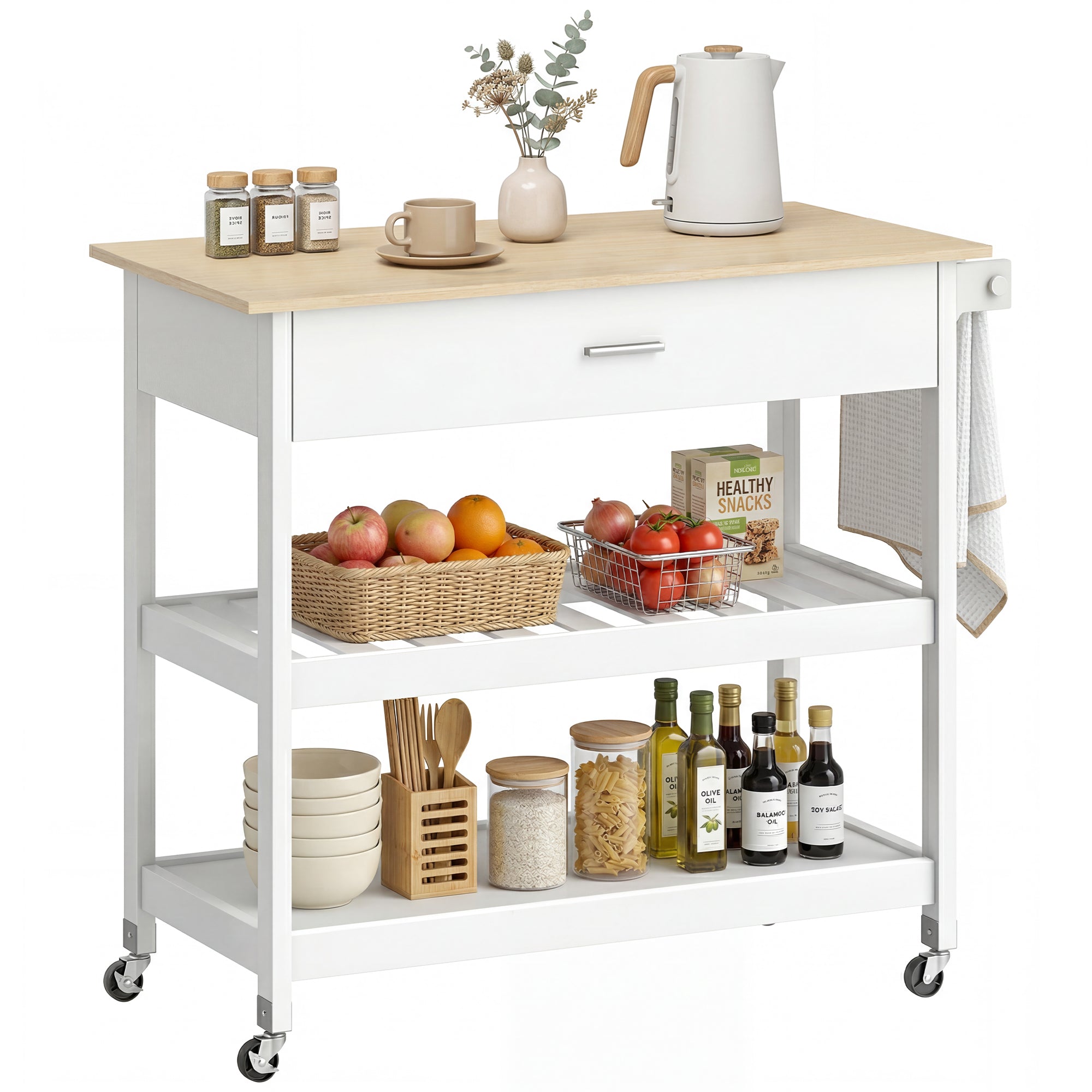 Desserte de cuisine à roulettes, îlot central cuisine avec plan de travail, tiroir, étagères, porte-serviettes, chariot de rangement pour salle à manger, 108,8 x 51 x 92,5 cm, blanc