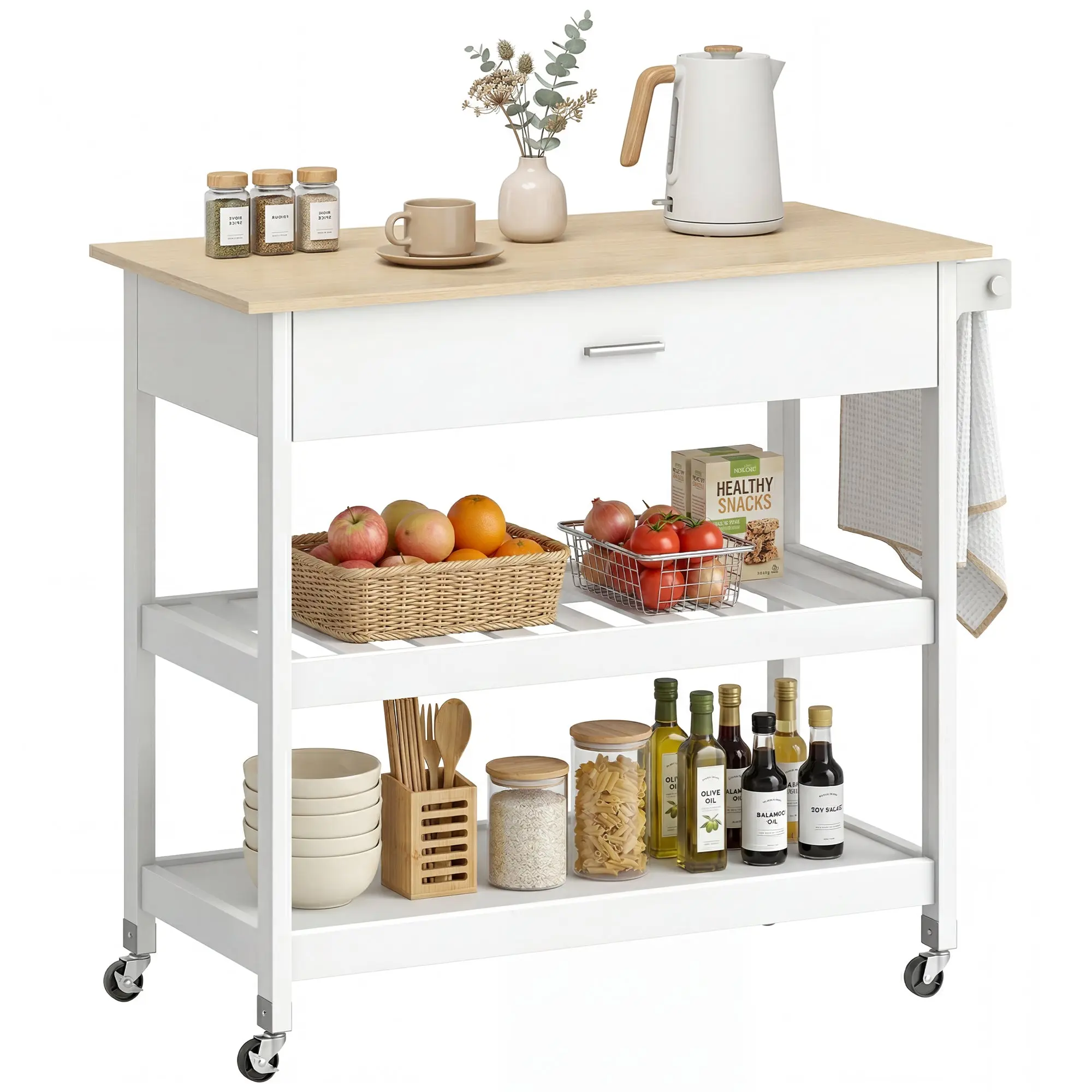 Desserte de cuisine à roulettes, îlot central cuisine avec plan de travail, tiroir, étagères, porte-serviettes, chariot de rangement pour salle à manger, 108,8 x 51 x 92,5 cm, blanc