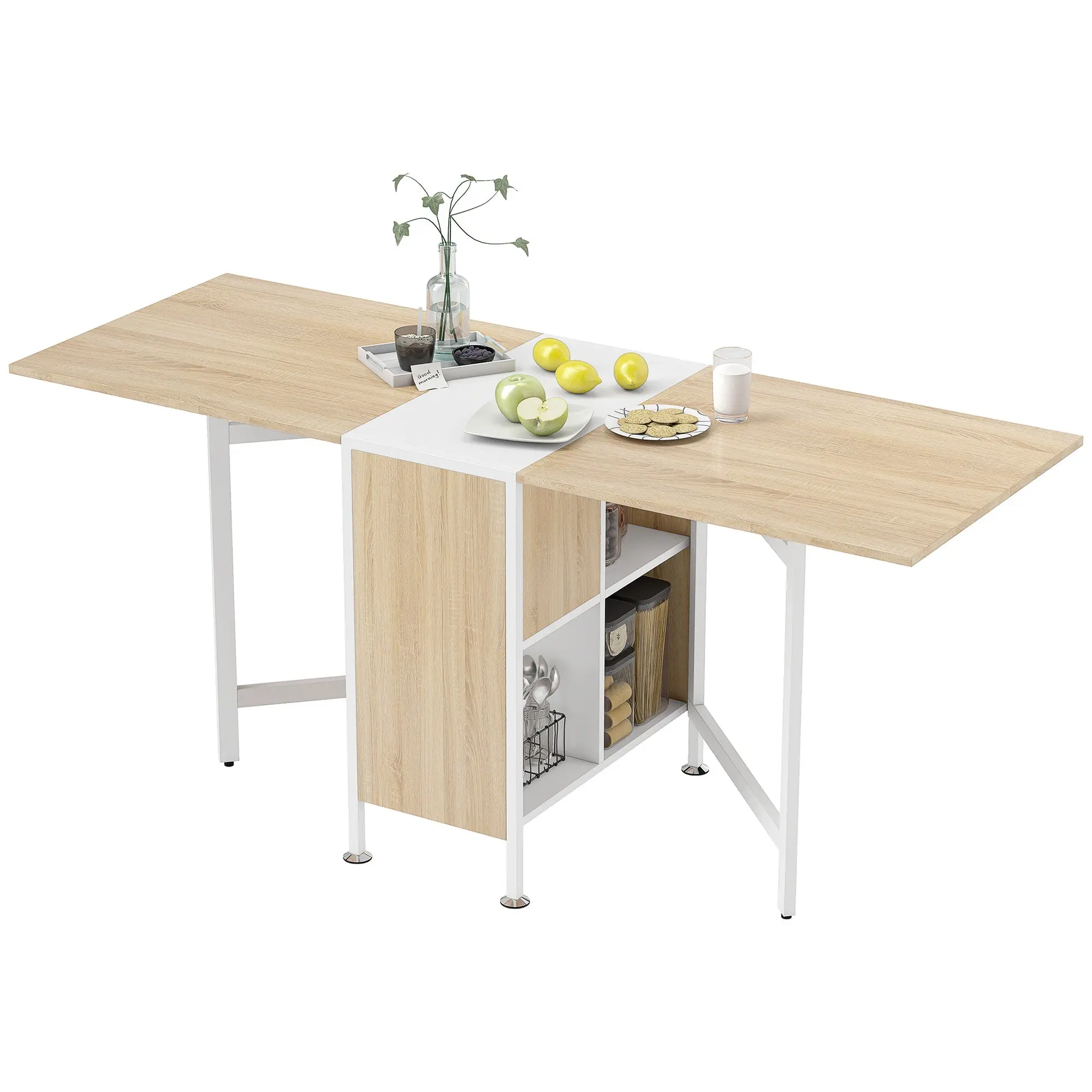 Table pliable de cuisine pour 4 personnes table à manger 4 niches intégrées pour petit espace dim. dépliées 169L x 62l x 75H cm MDF chêne clair acier blanc
