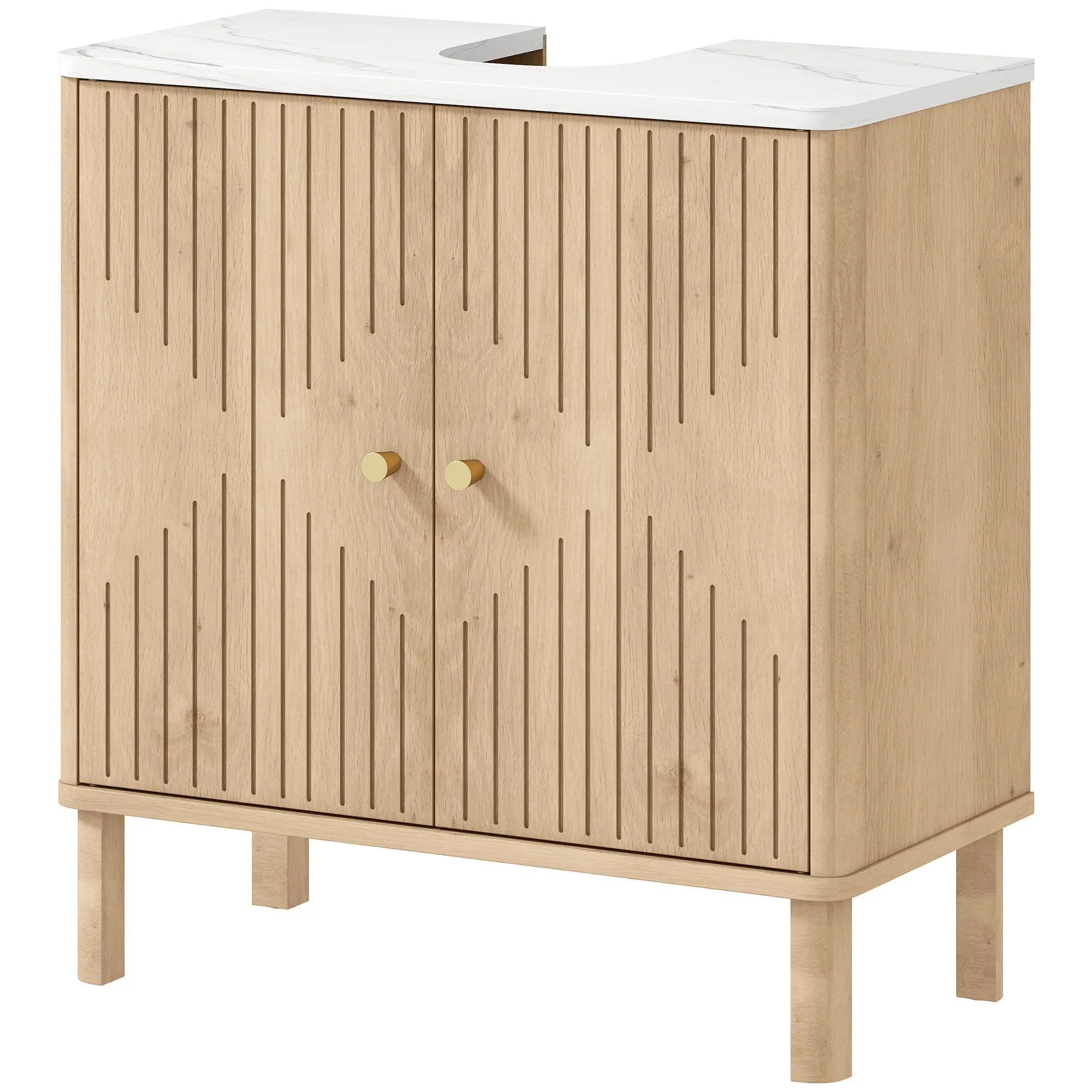 Meuble sous lavabo, meuble de salle de bain sous vasque avec étagère réglable et plan de toilette effet marbre pour vasque avec ou sans piédestal, 60 x 30 x 63 cm, chêne