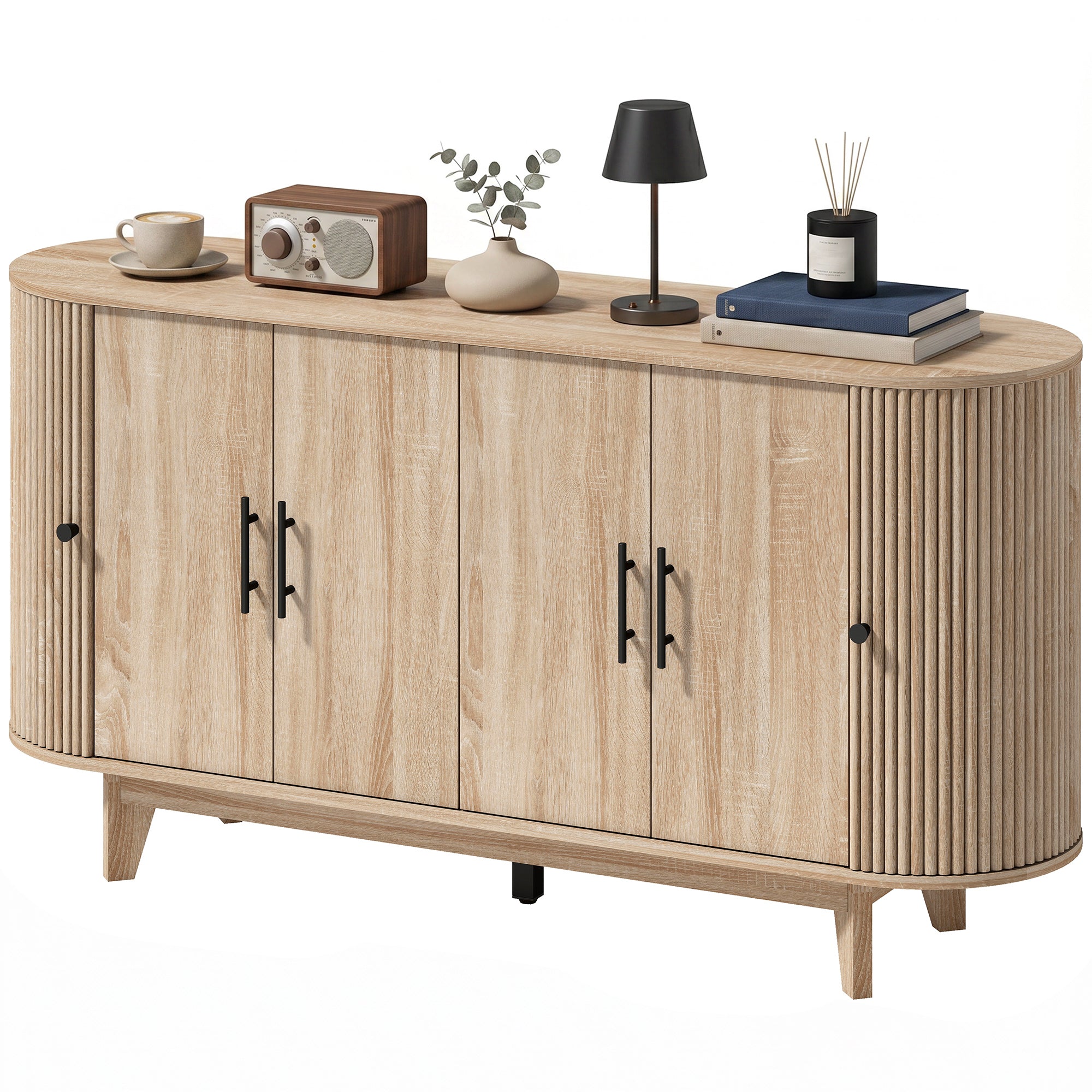 Buffet salon, meuble de rangement ovale avec 4 portes et 2 étagères réglables, meuble TV jusqu'à 65 pouces, style moderne, buffet salle à manger et cuisine, 147x40x76cm, chêne