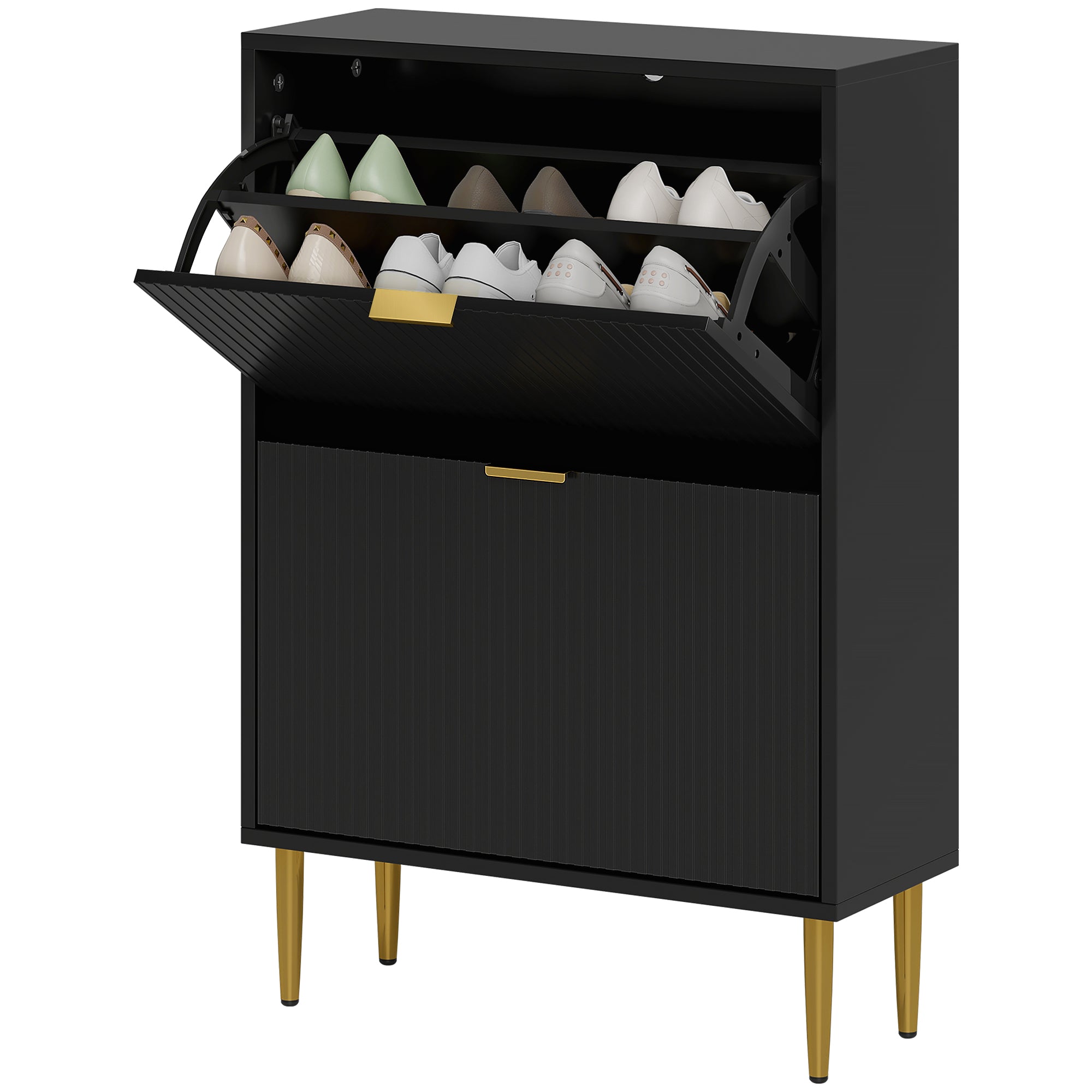 Meuble à chaussures 12 paires, armoire à chaussures étroite moderne avec 2 tiroirs rabattables, portes cannelées et étagères réglables, pour couloir et entrée, 60 x 24 x 91,5 cm, noir