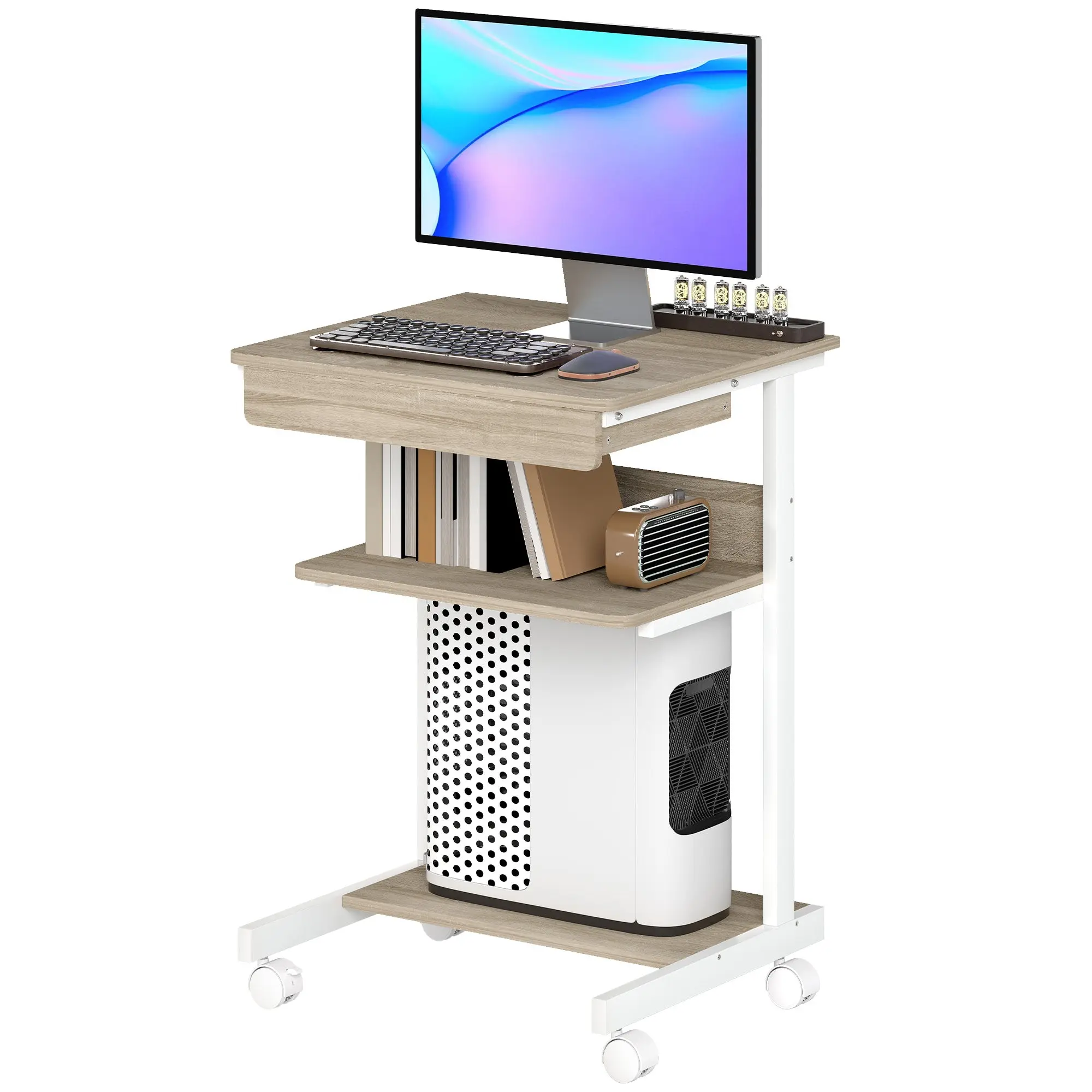 Bureau d'ordinateur sur roues, bureau avec rangement 56 x 51 cm avec tiroir, compartiment et support CPU, table informatique pour étudier pour petits espaces chambre, chêne