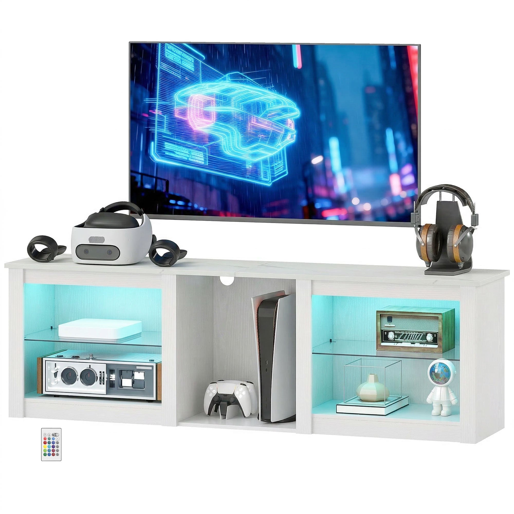 Meuble TV LED RGB meuble télé bois banc TV jusqu'à 70 pouces avec étagères en verre réglables, 5 niches, passe-cables et télécommande pour salon, chambre à coucher, dim. 160 x 35 x 52 cm, blanc