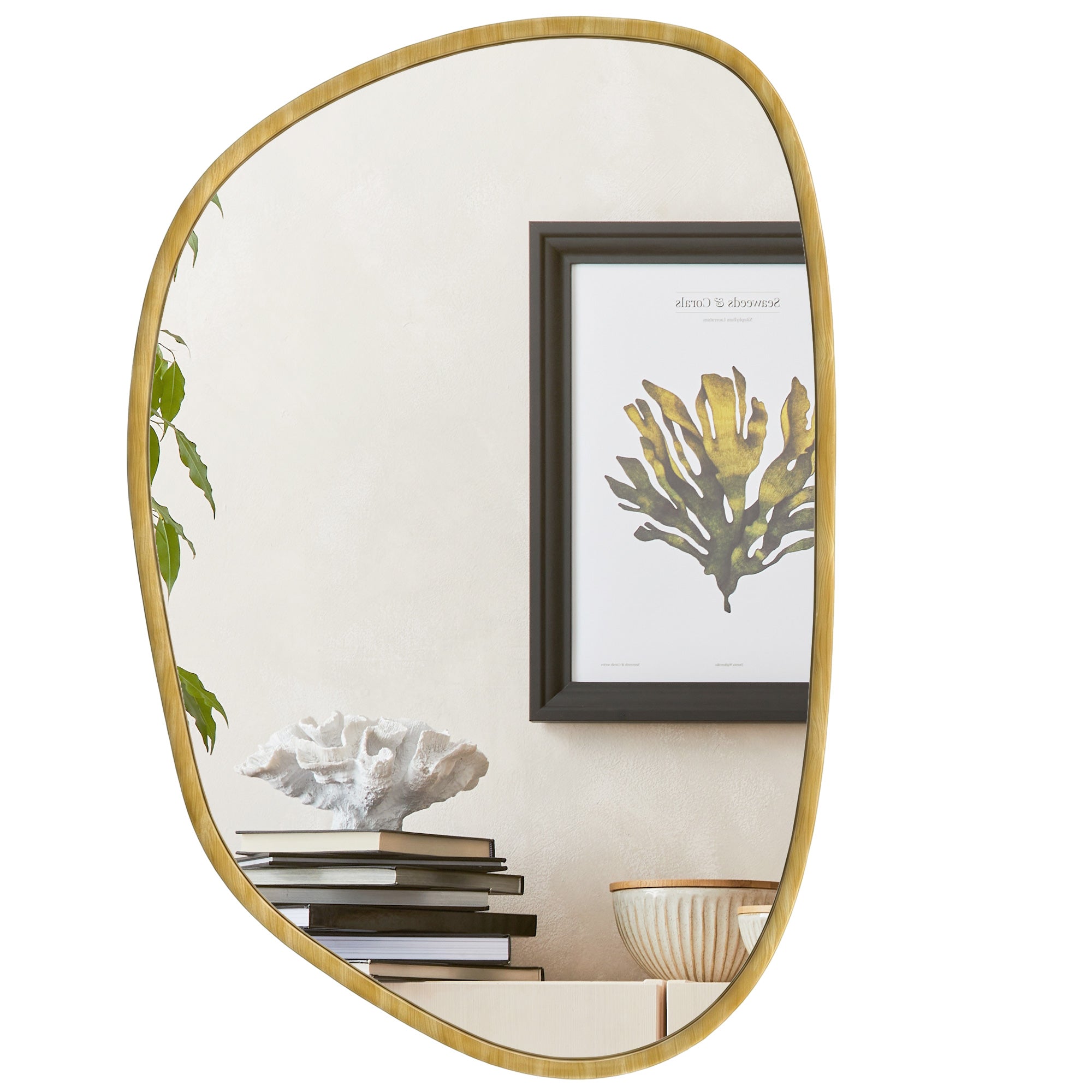 Miroir mural, miroir décoratif asymétrique 90 x 60 cm en verre trempé, pour salle de bain, chambre, salon, couloir, naturel
