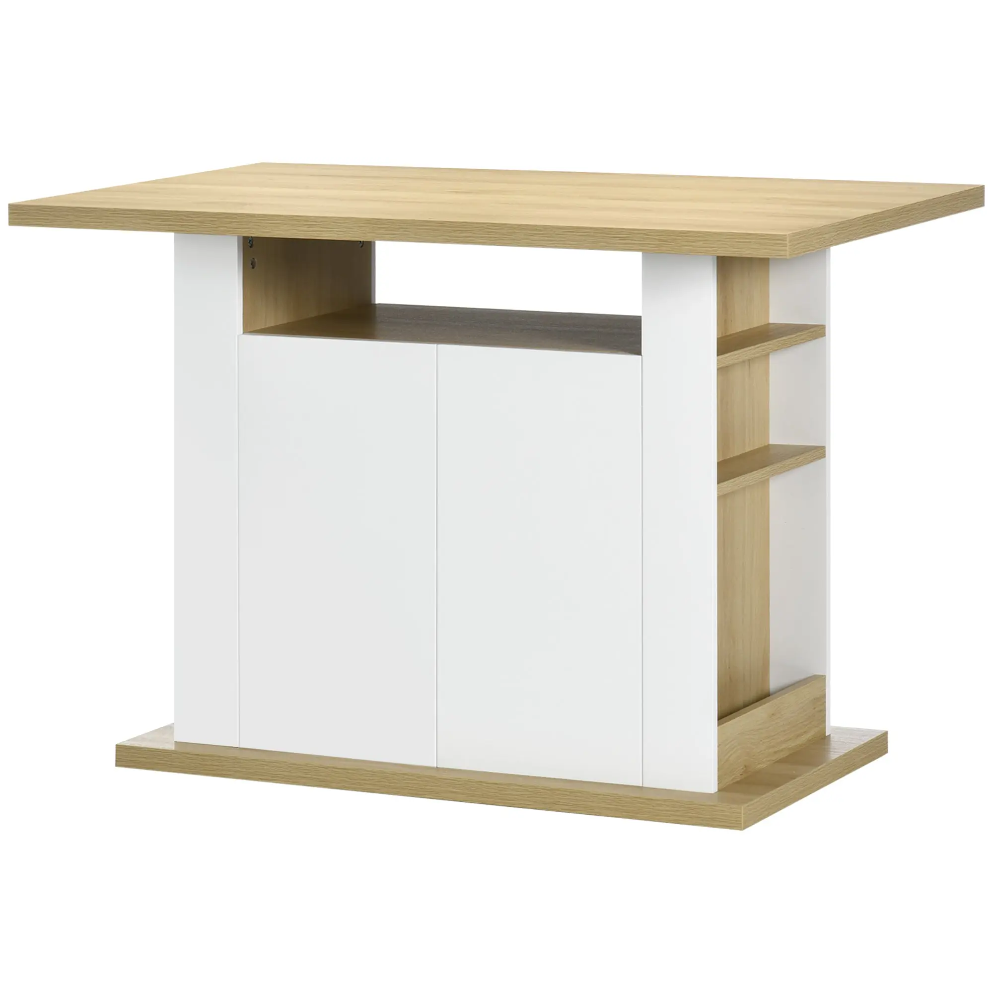 Table à manger ilot central cuisine meuble de rangement table avec grand plan de travail 4-6 personnes - placard 4 portes et étagères - en bois - dim. 110L x 70l x 75,5H cm blanc et naturel