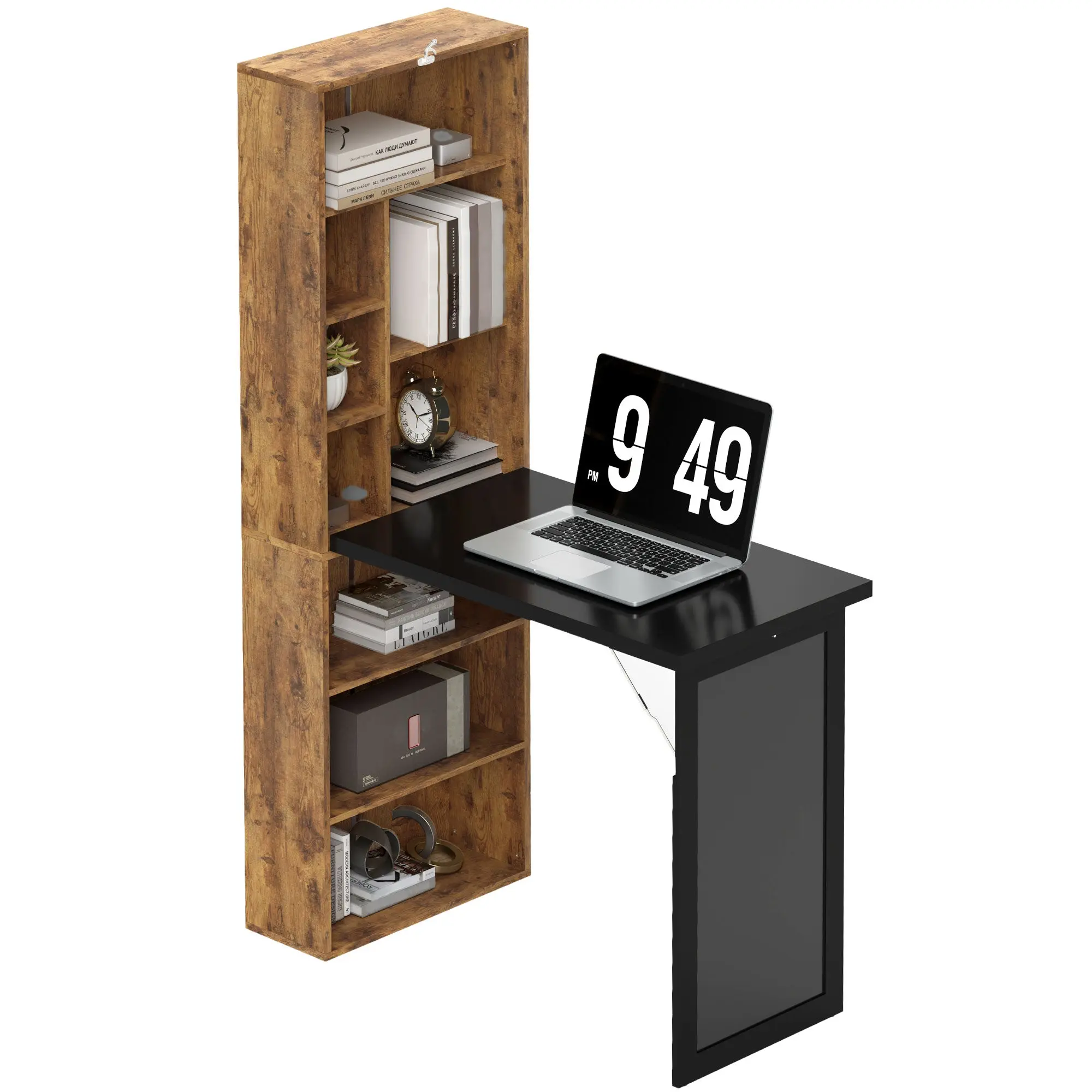 Bureau informatique pliable, bureau avec bibliothèque, poste de travail, tableau noir, 9 compartiments ouverts et étagère réglable, table d'ordinateur pour chambre, 98x51x153cm, brun rustique