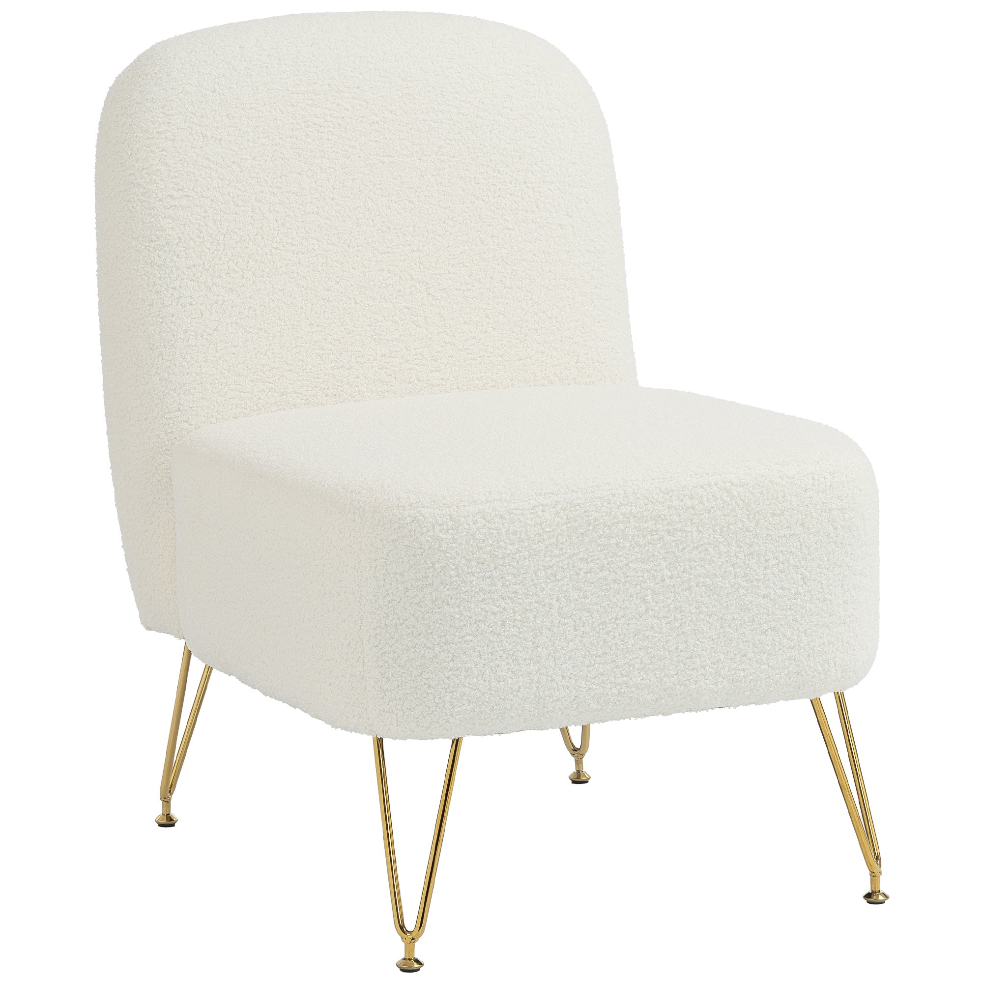 Fauteuil Salon Sans Accoudoirs, Fauteuil d'Appoint Rembourré en Tissu Bouclette, Coussin Épais, Assise Large, Pieds en Métal Doré, Style Moderne, Chaise de Salon, Chambre, Coins Lecture, Blanc